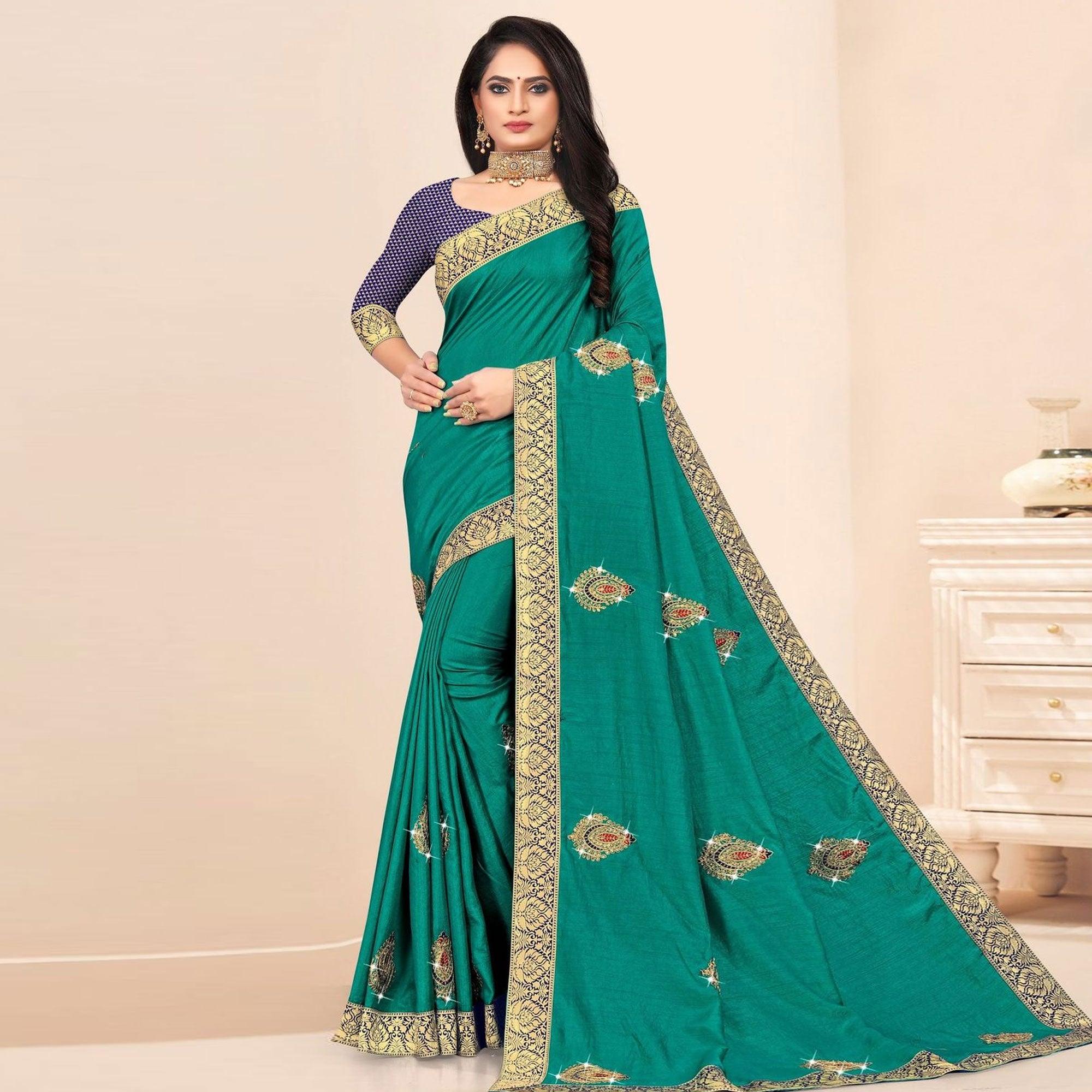 Turquoise Embellished With Embroidered Vichitra Silk Saree - Peachmode