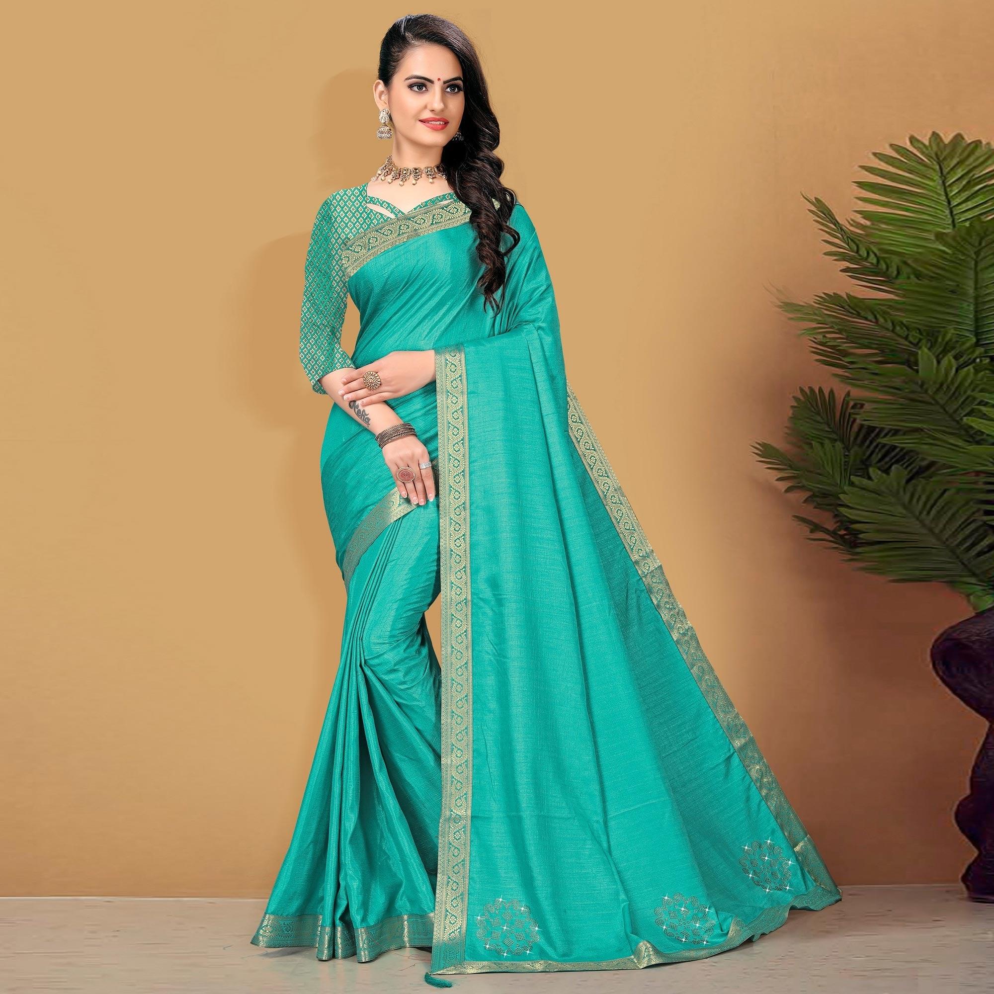 Turquoise Embellished With Embroidered Vichitra Silk Saree - Peachmode