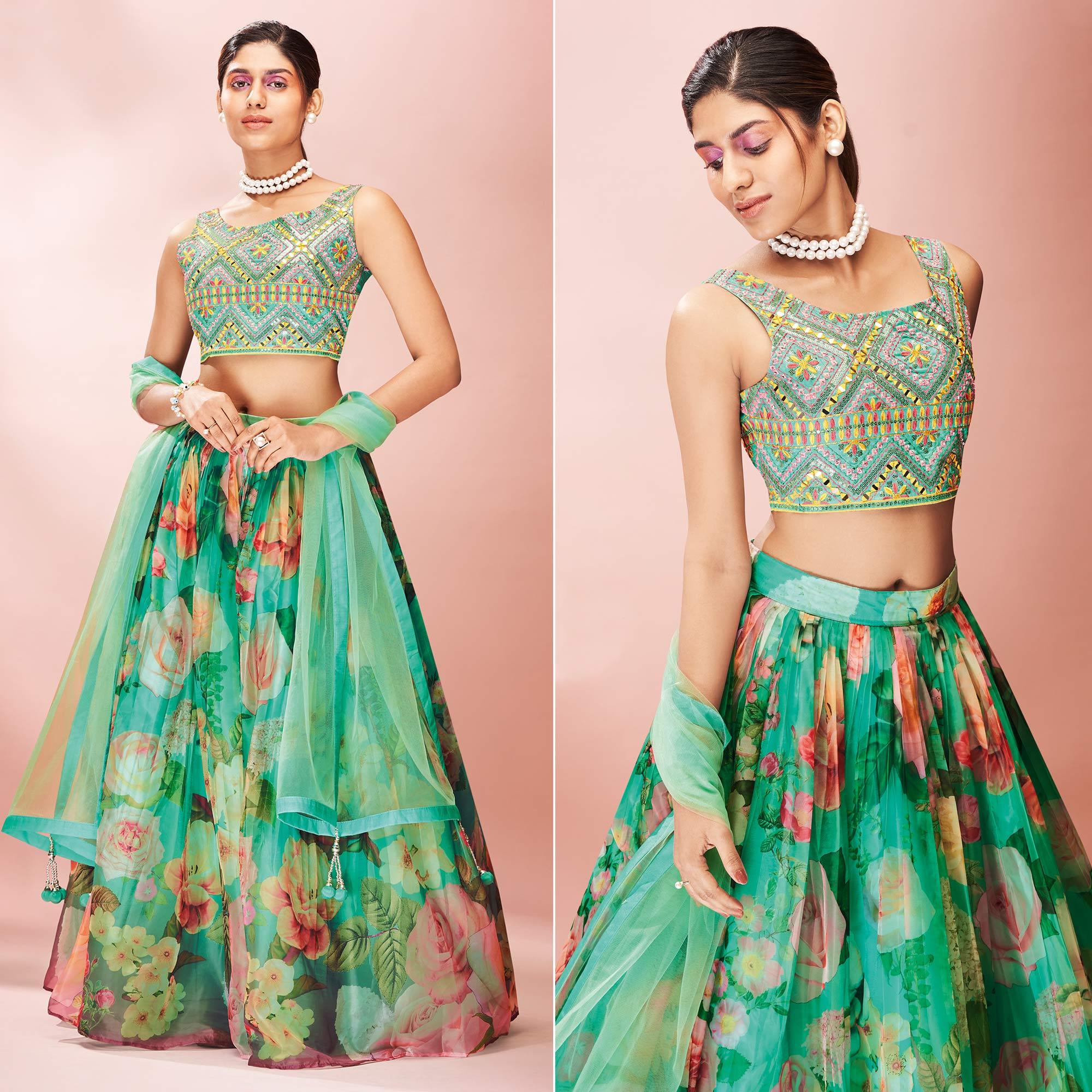 Turquoise Embellished With Printed Organza Lehenga Choli - Peachmode