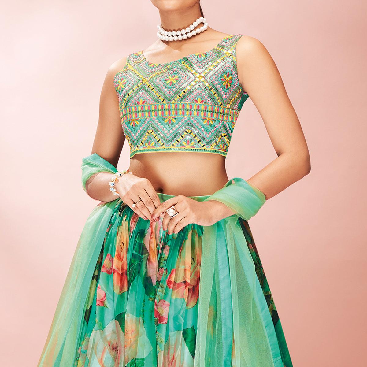 Turquoise Embellished With Printed Organza Lehenga Choli - Peachmode