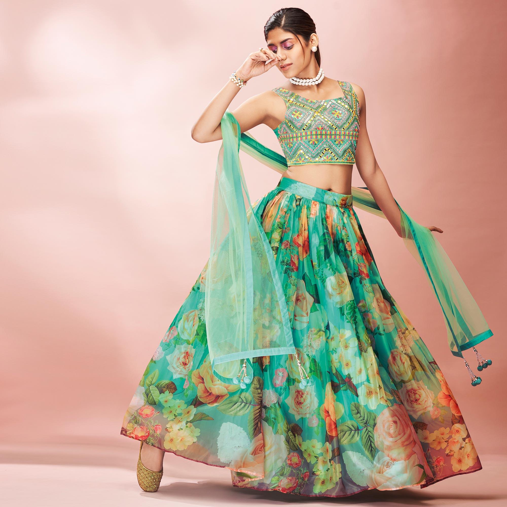 Turquoise Embellished With Printed Organza Lehenga Choli - Peachmode