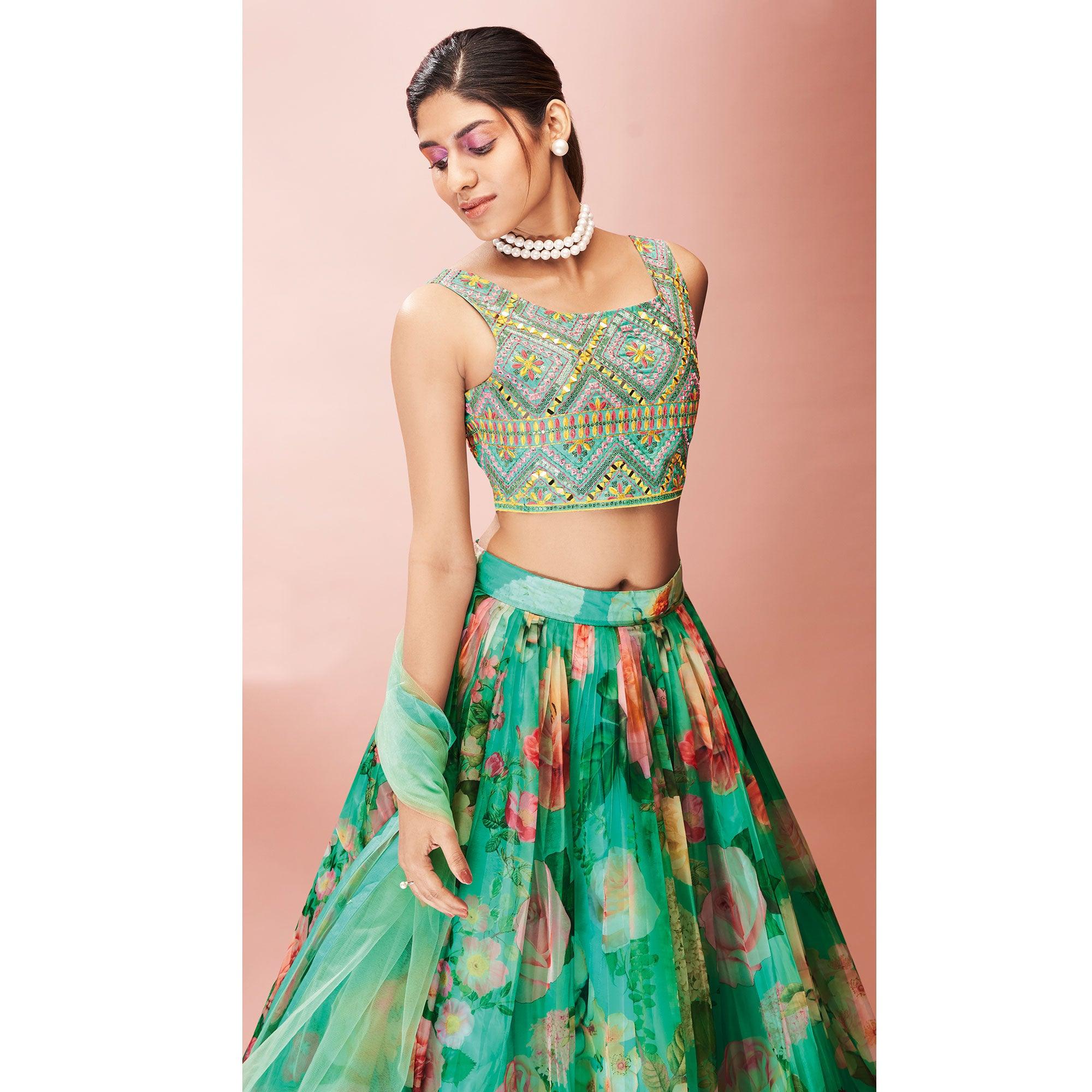 Turquoise Embellished With Printed Organza Lehenga Choli - Peachmode