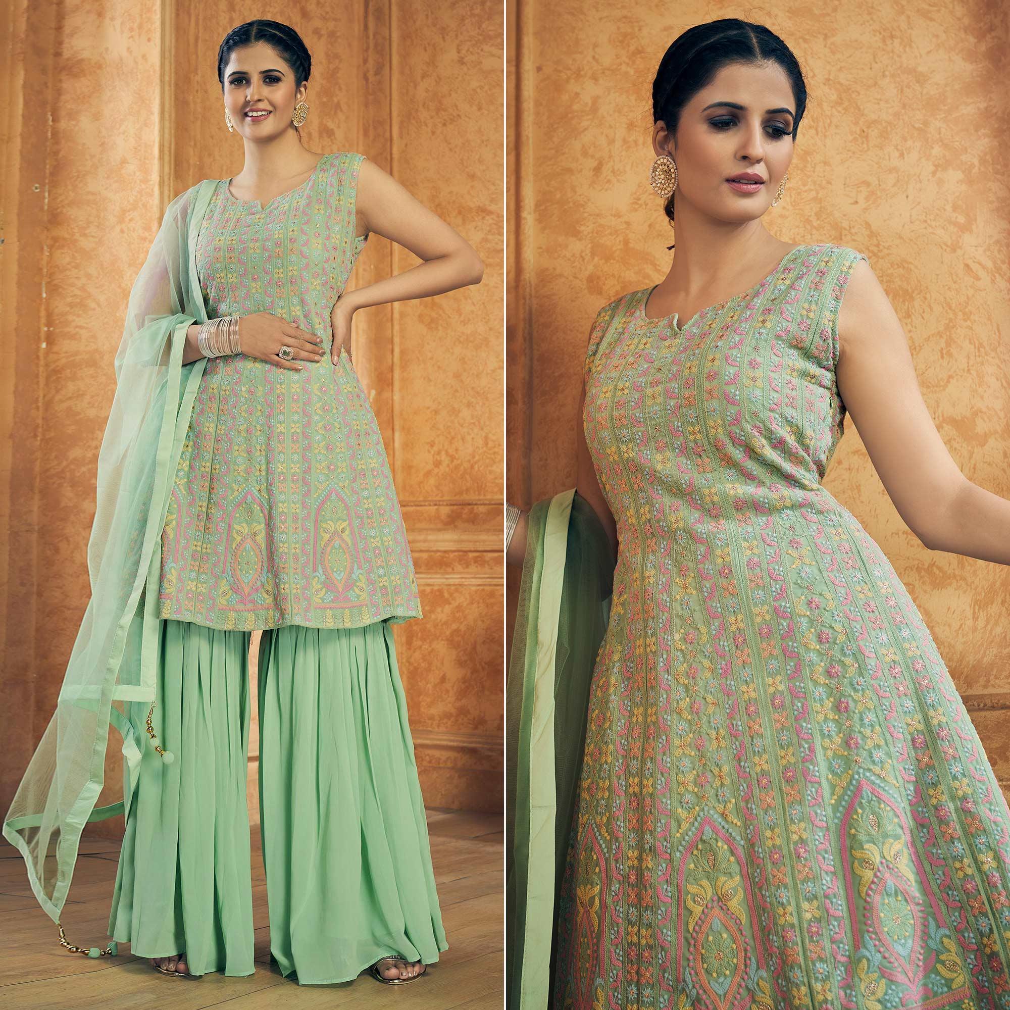 Turquoise Embroiddered Georgette Sharara Suit - Peachmode