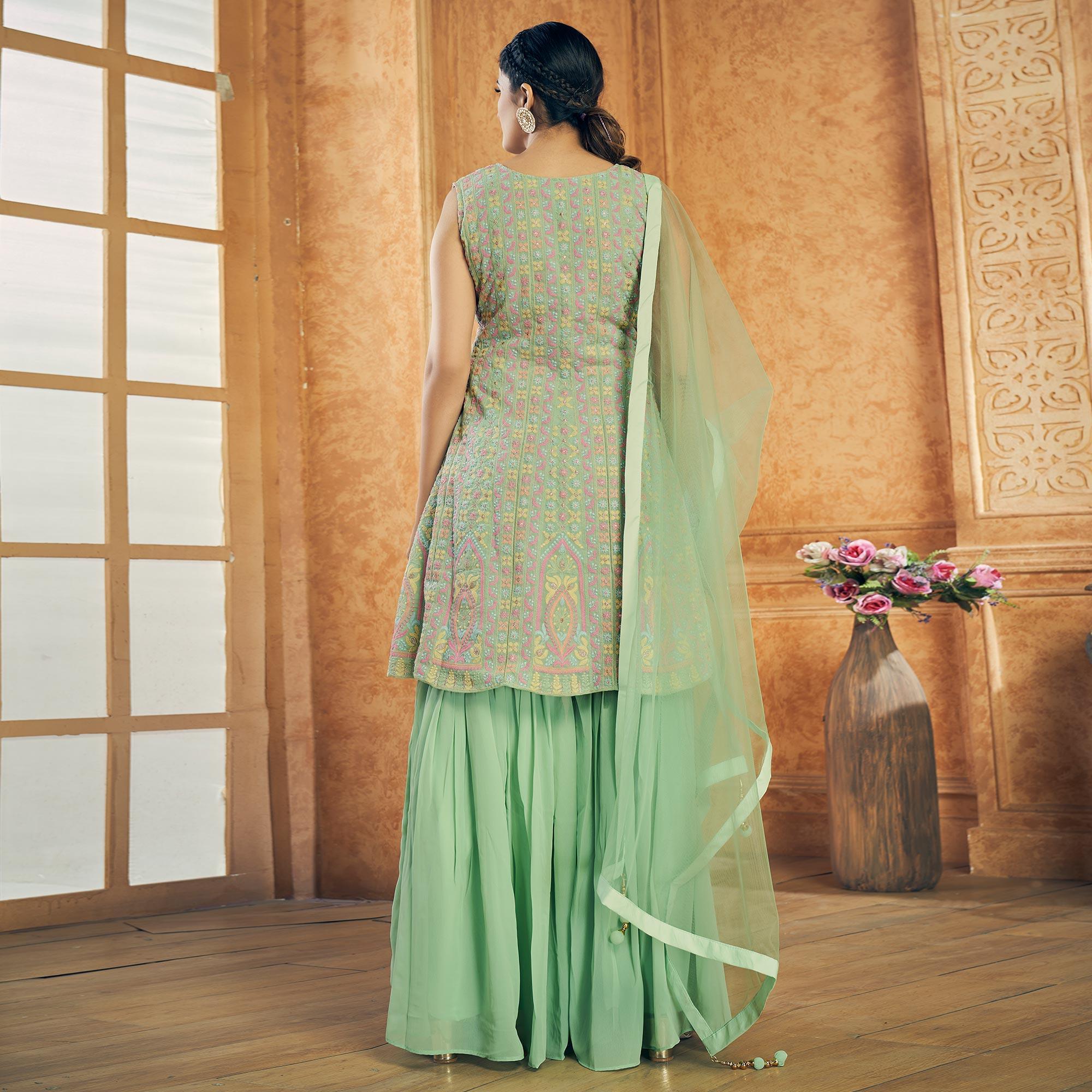 Turquoise Embroiddered Georgette Sharara Suit - Peachmode