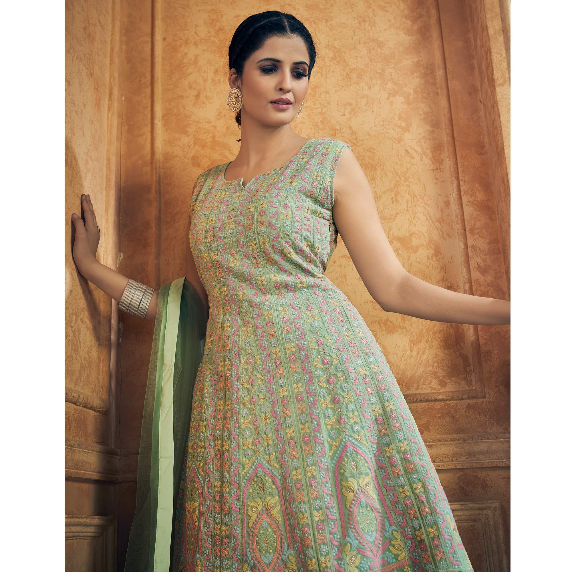 Turquoise Embroiddered Georgette Sharara Suit - Peachmode