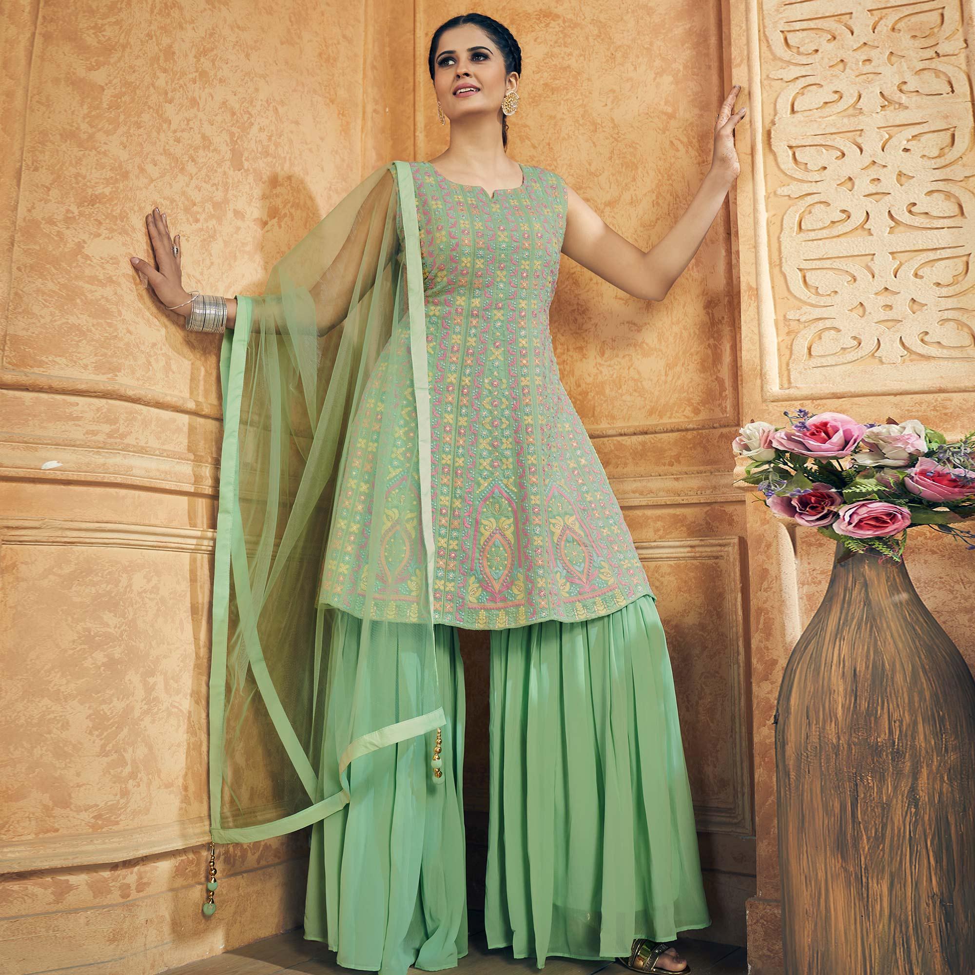 Turquoise Embroiddered Georgette Sharara Suit - Peachmode