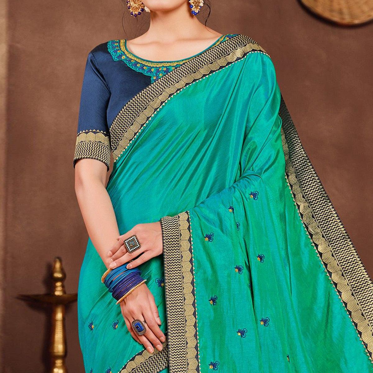 Turquoise Embroidered Art Silk Saree - Peachmode