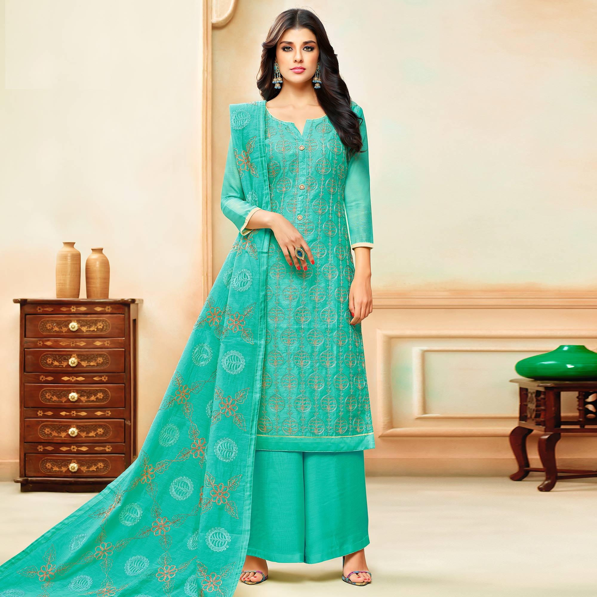 Turquoise Embroidered Chanderi Cotton Dress Material Palazzo Suit - Peachmode