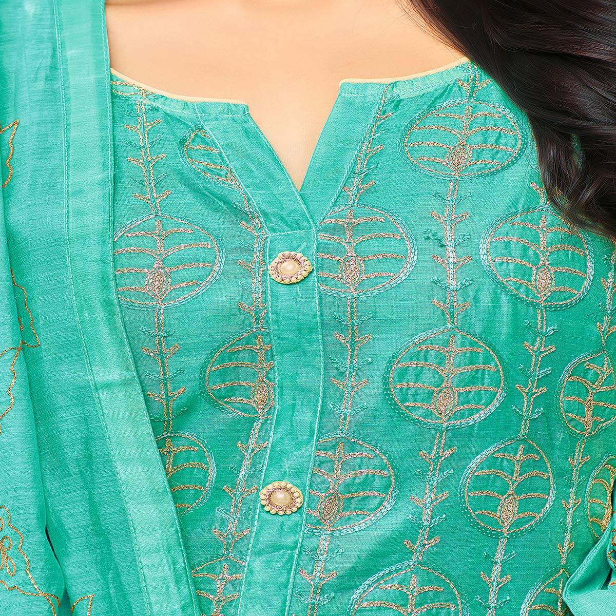 Turquoise Embroidered Chanderi Cotton Dress Material Palazzo Suit - Peachmode