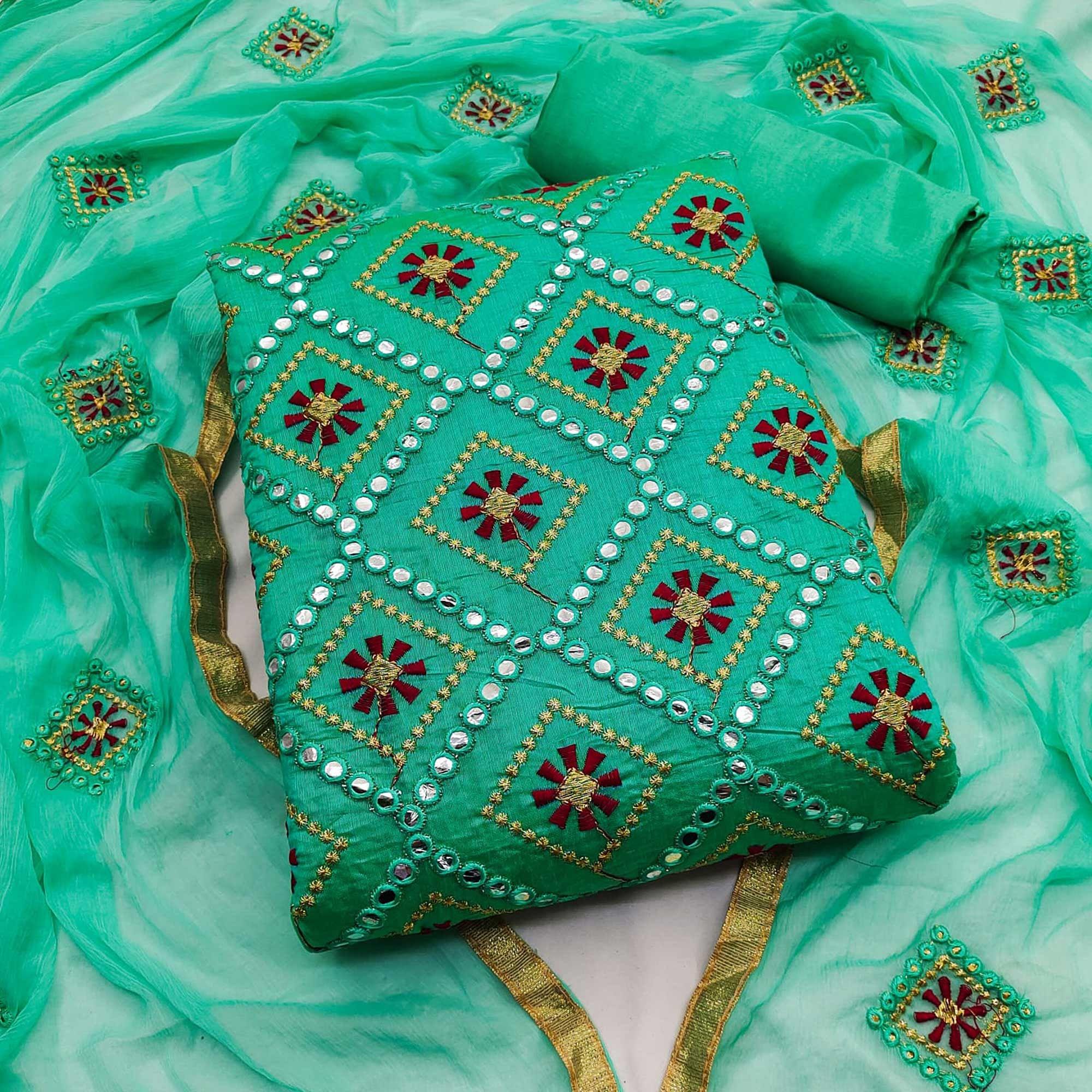 Turquoise Embroidered Chanderi Dress Material - Peachmode