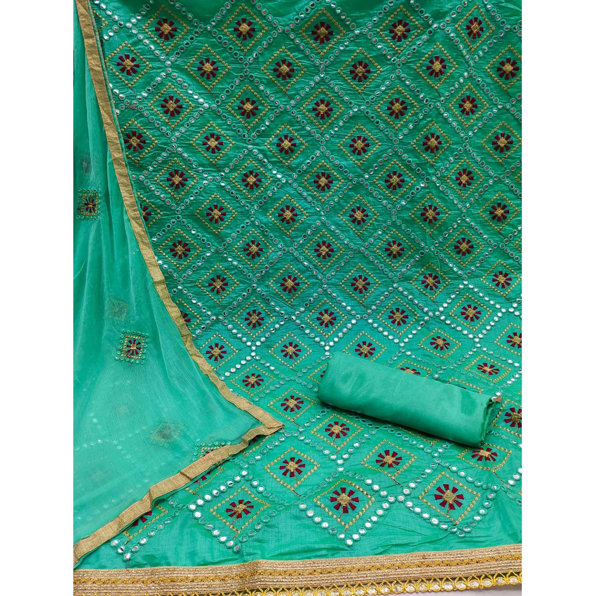 Turquoise Embroidered Chanderi Dress Material - Peachmode