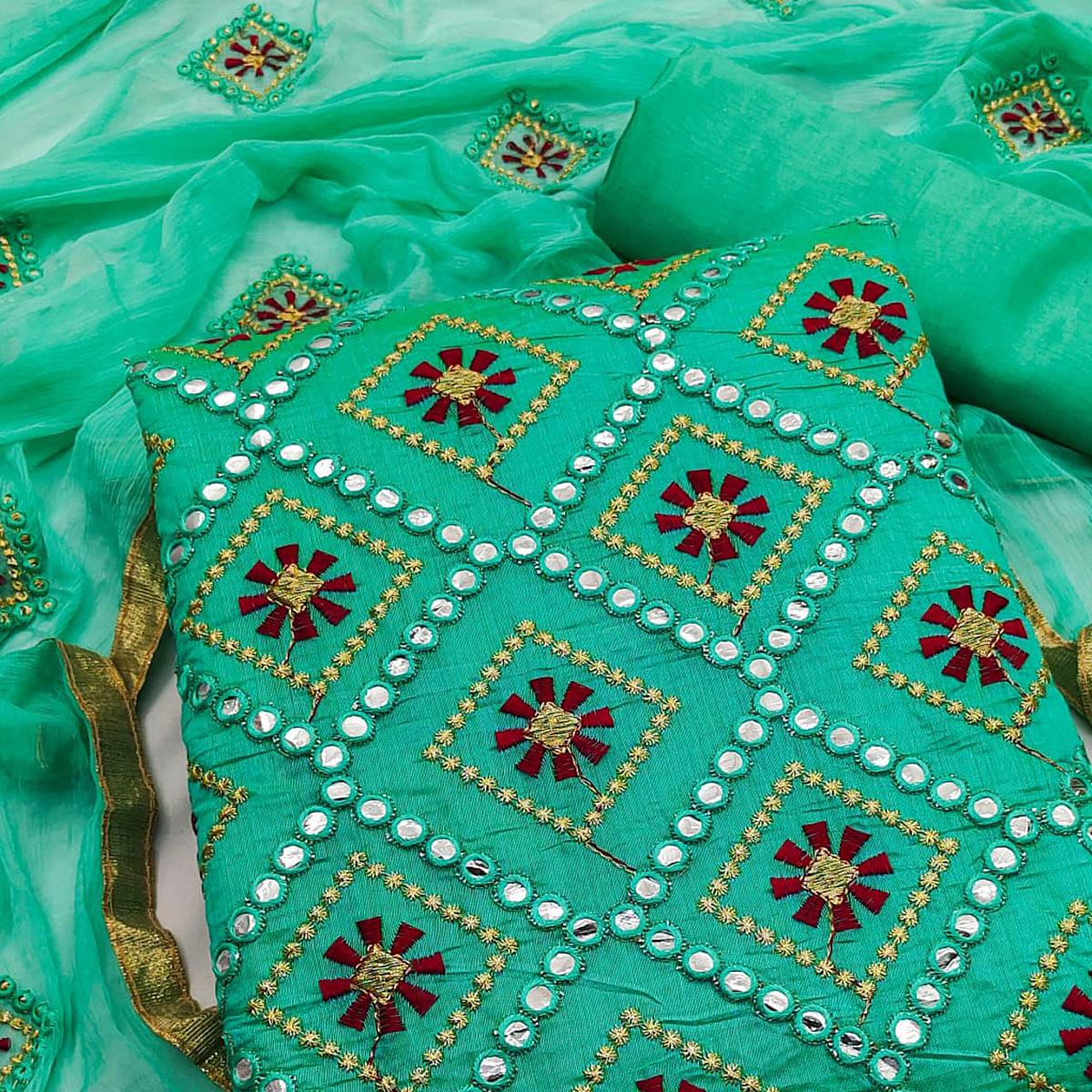 Turquoise Embroidered Chanderi Dress Material - Peachmode