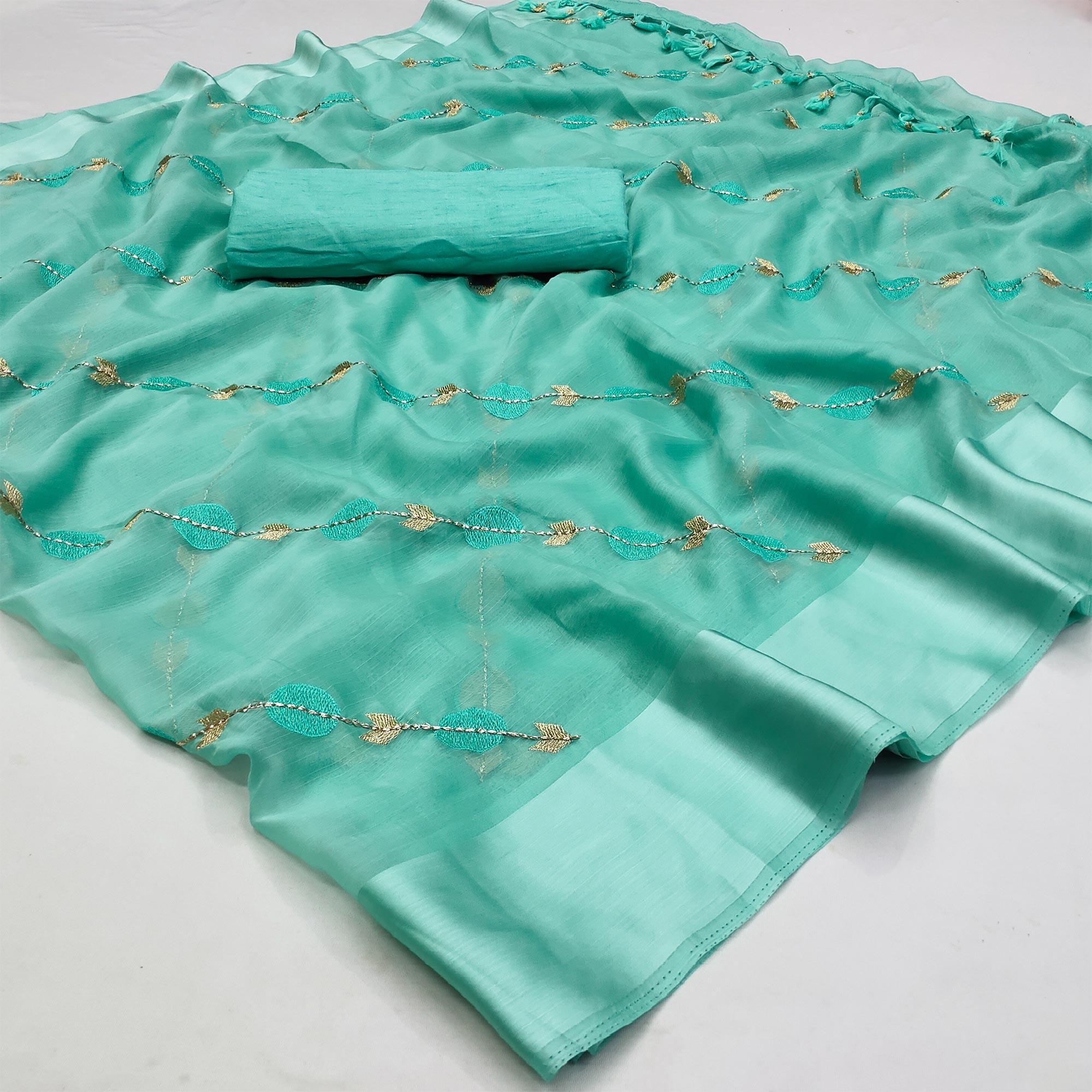 Turquoise  Embroidered Chiffon Saree - Peachmode