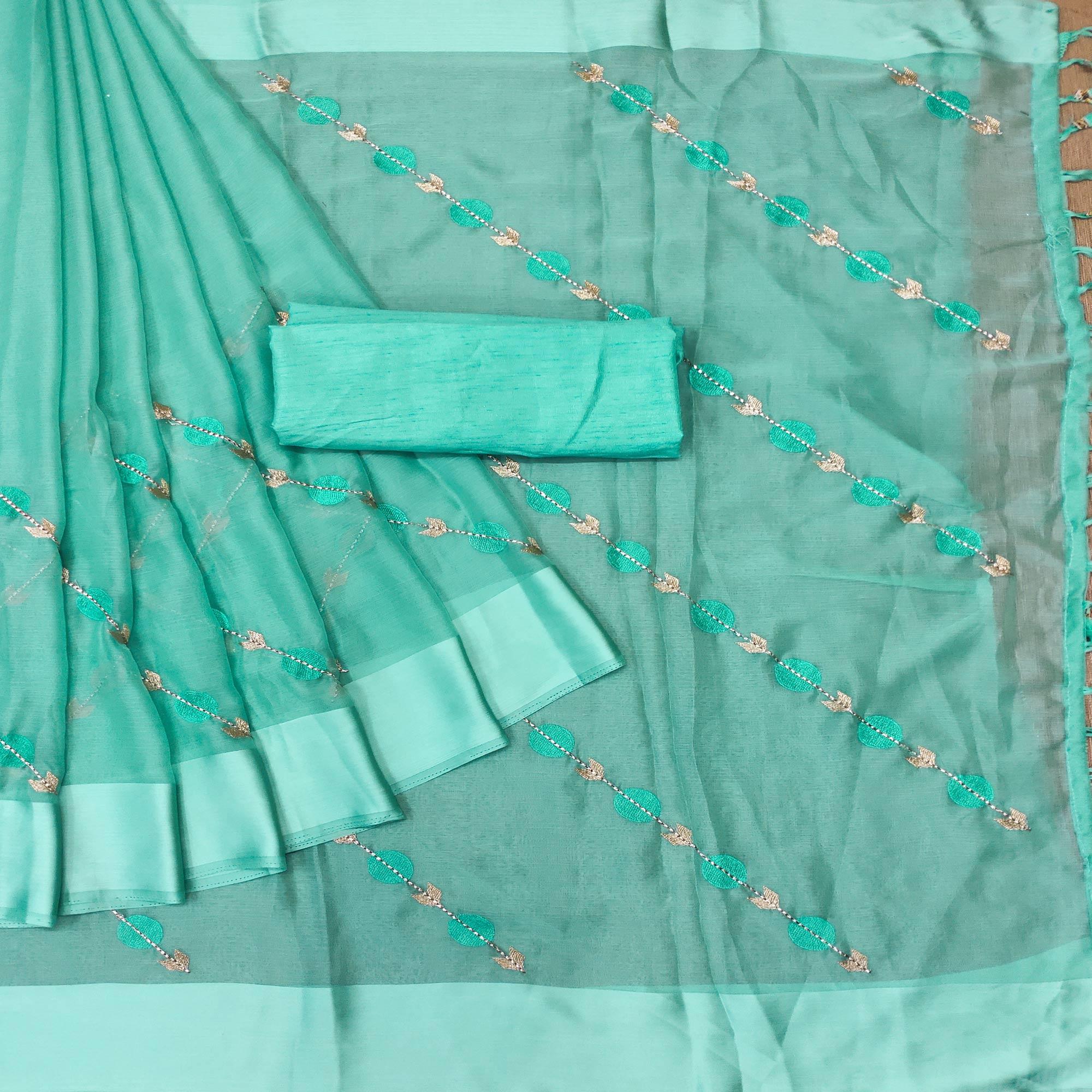 Turquoise  Embroidered Chiffon Saree - Peachmode