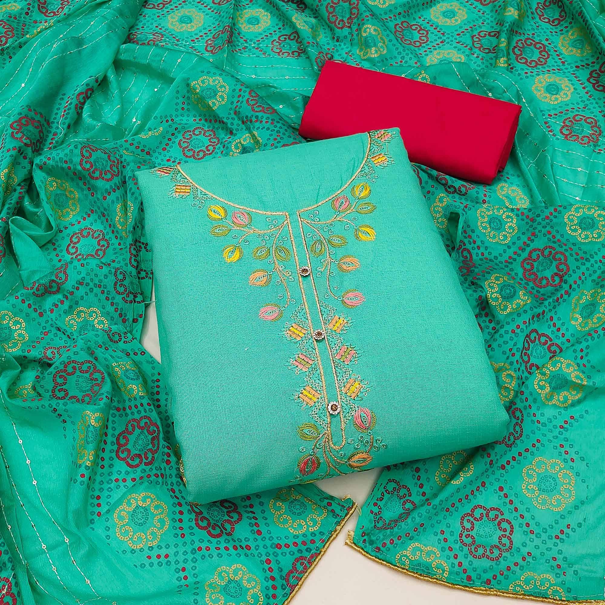 Turquoise Embroidered Cotton Dress Material - Peachmode