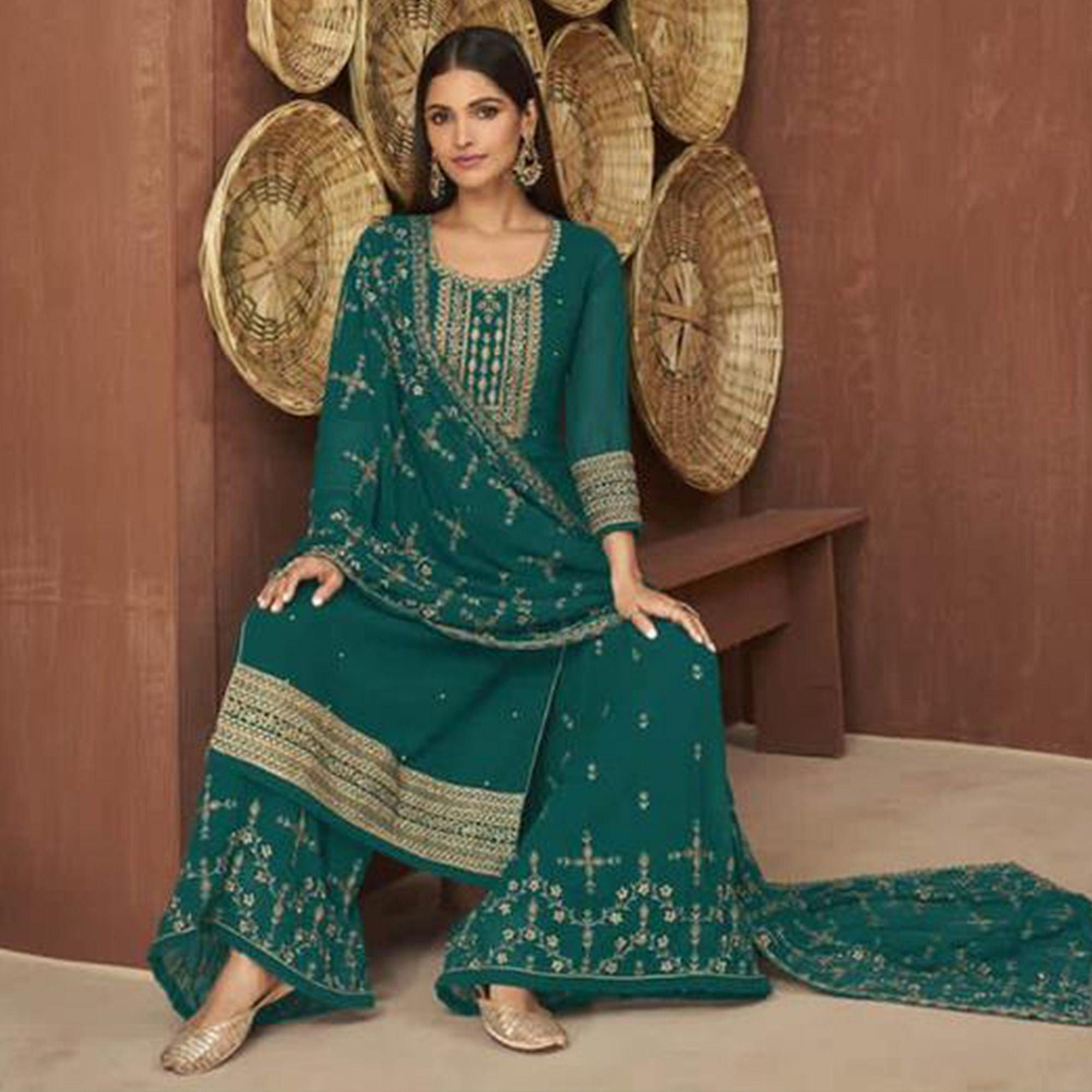 Turquoise Embroidered Georgette Palazzo Suit - Peachmode