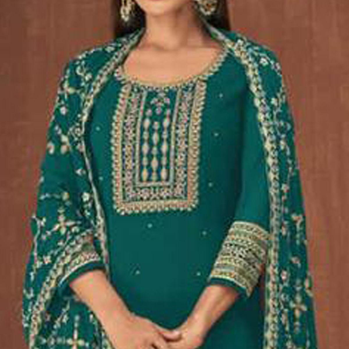 Turquoise Embroidered Georgette Palazzo Suit - Peachmode