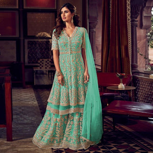 Turquoise Embroidered Indo Western Style Net - Georgette Palazzo Suit - Peachmode