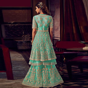 Turquoise Embroidered Indo Western Style Net - Georgette Palazzo Suit - Peachmode