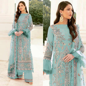 Turquoise Embroidered Netted Pakistani Suit - Peachmode