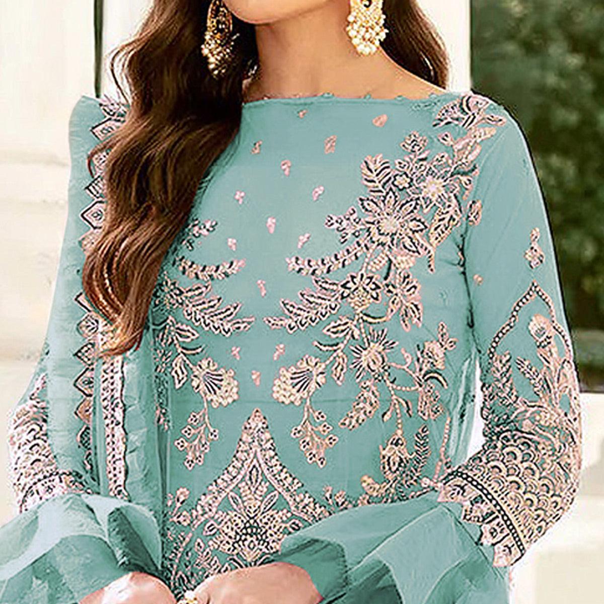 Turquoise Embroidered Netted Pakistani Suit - Peachmode