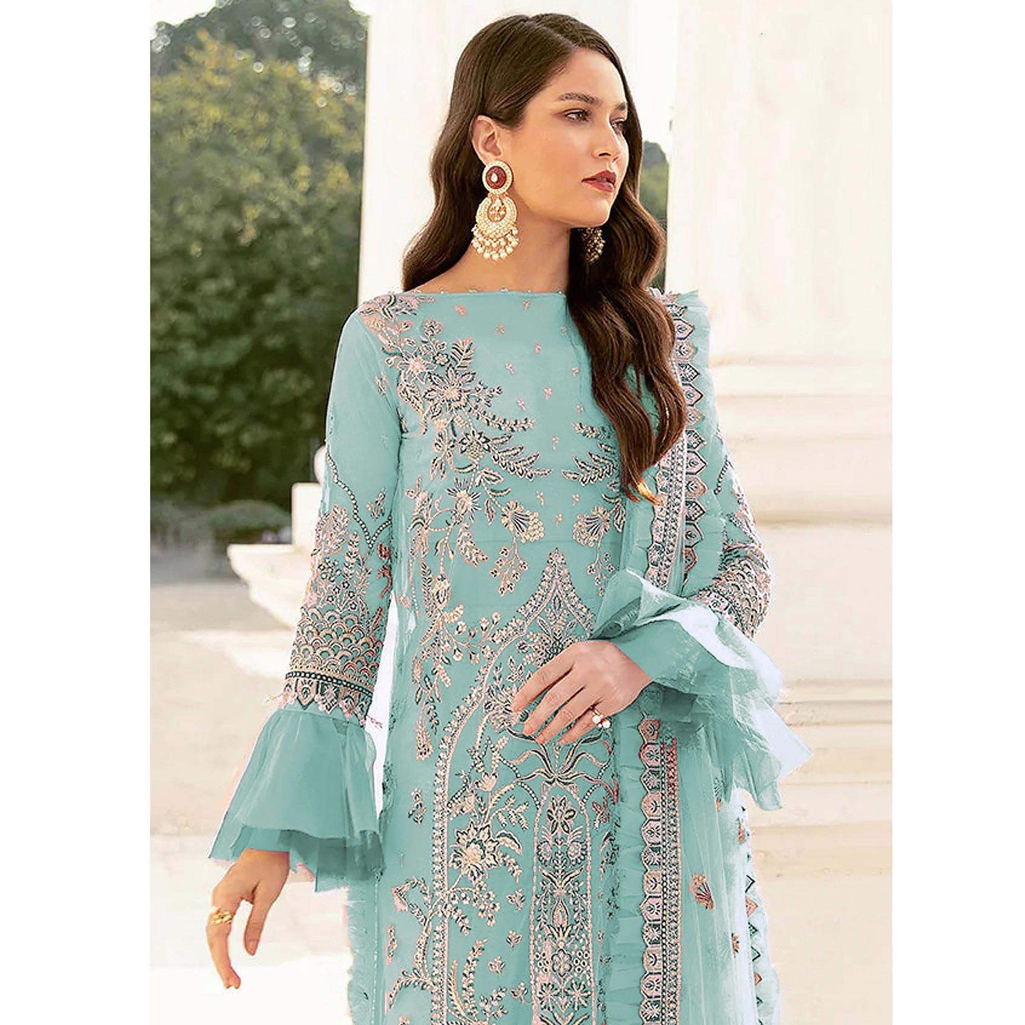 Turquoise Embroidered Netted Pakistani Suit - Peachmode