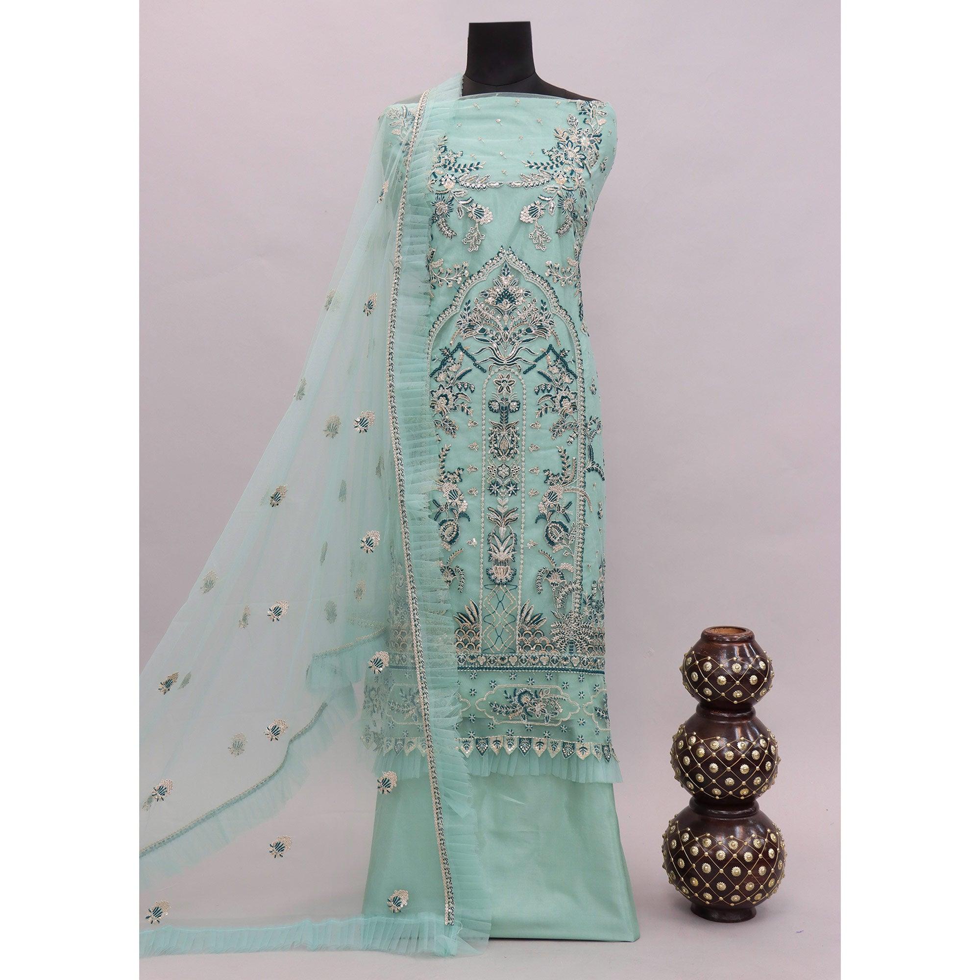 Turquoise Embroidered Netted Pakistani Suit - Peachmode
