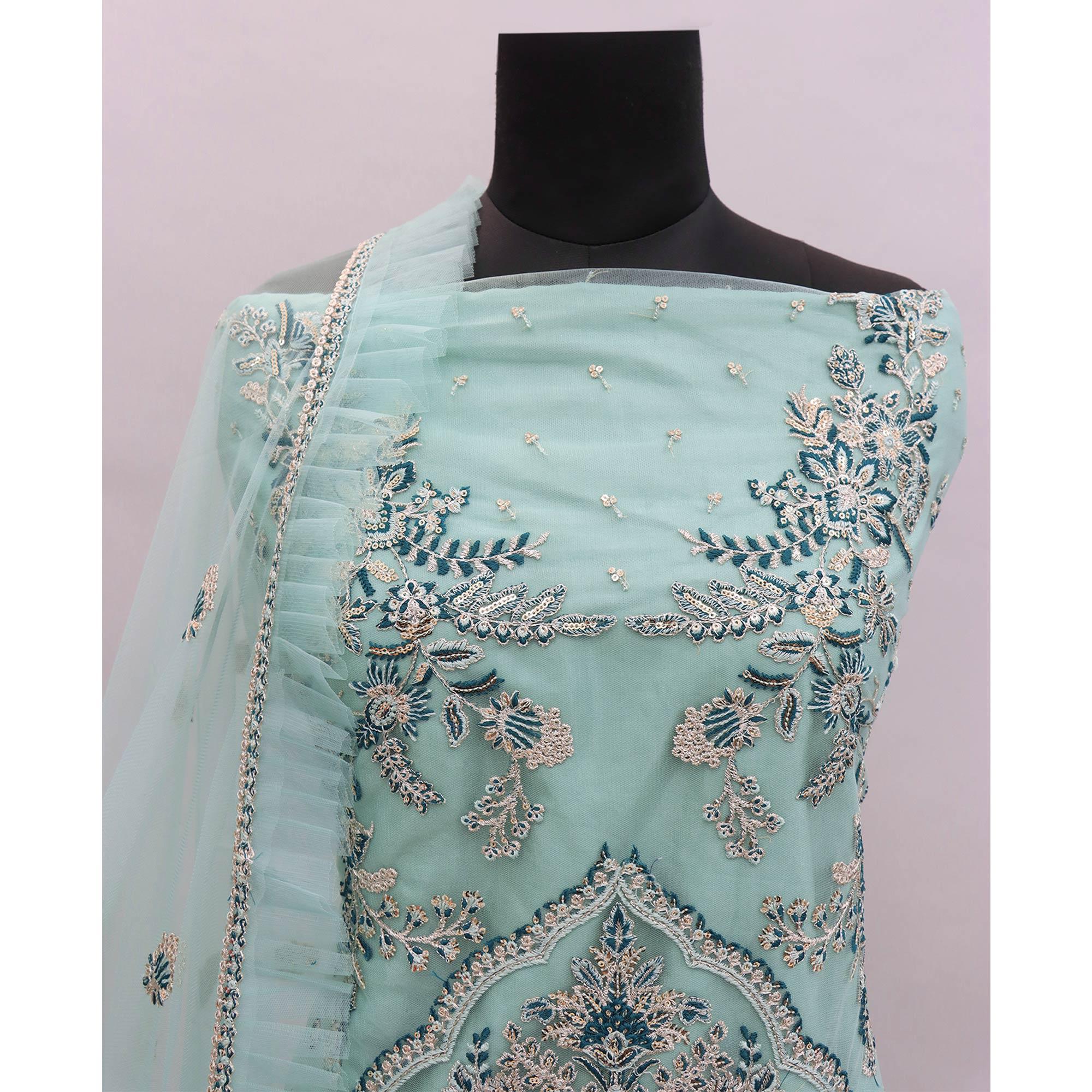 Turquoise Embroidered Netted Pakistani Suit - Peachmode