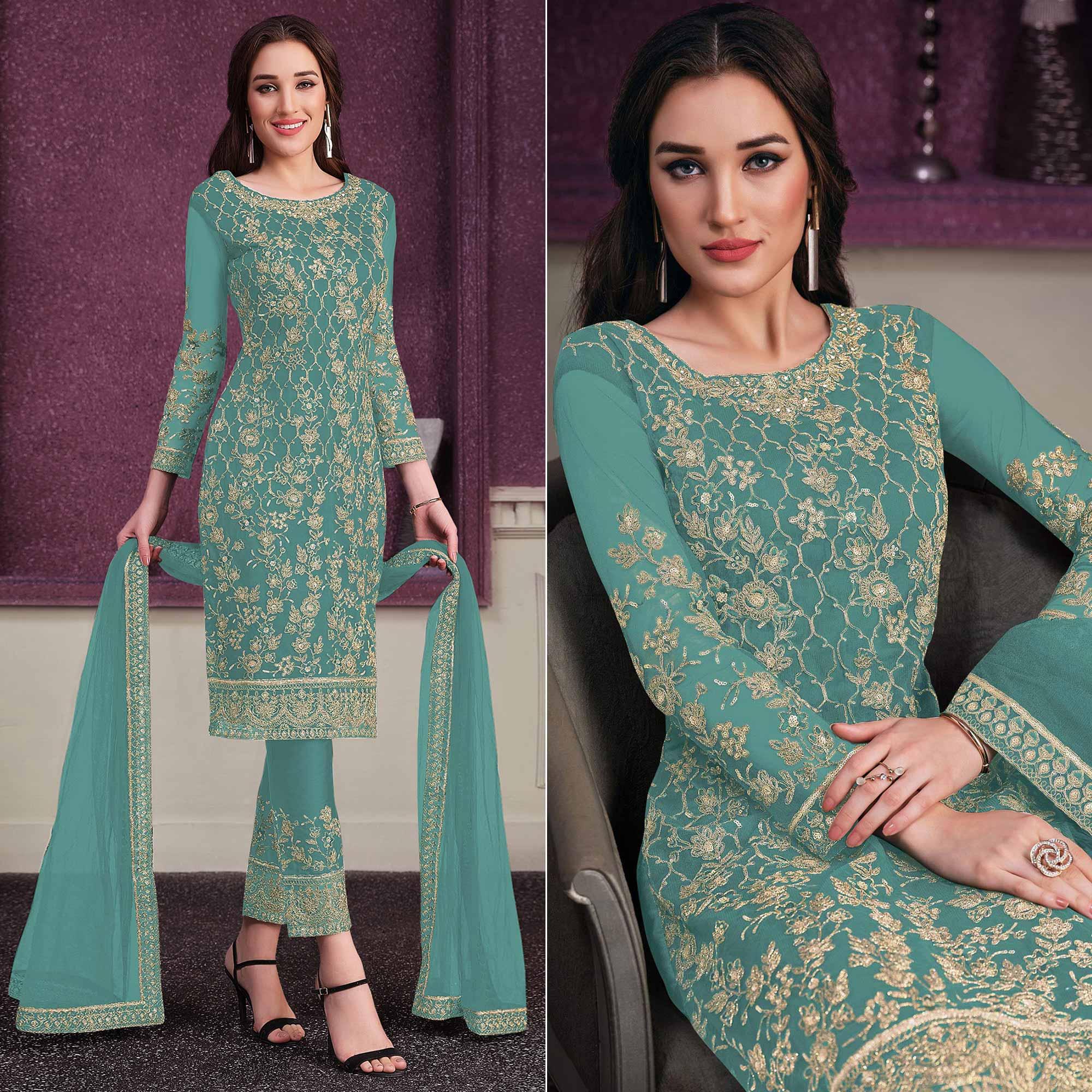 Turquoise Embroidered Netted Suit - Peachmode