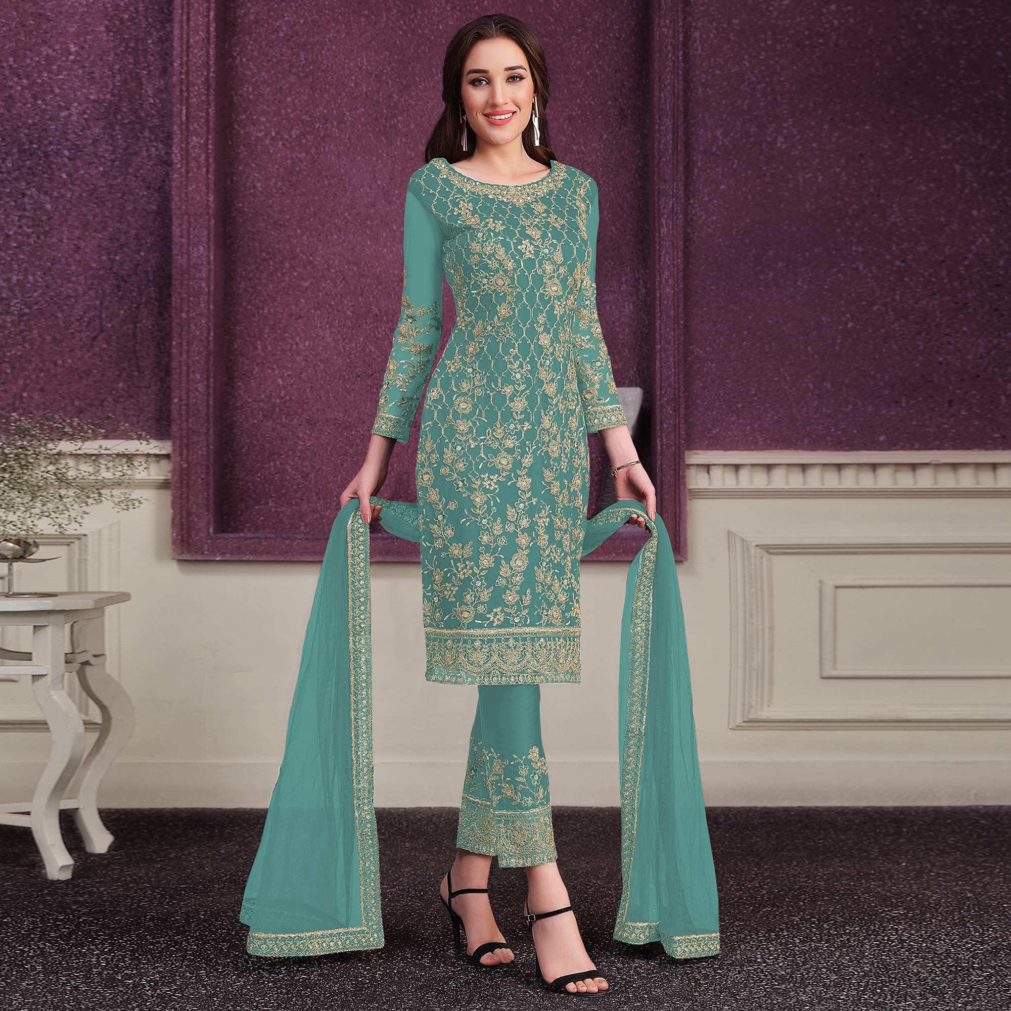 Turquoise Embroidered Netted Suit - Peachmode