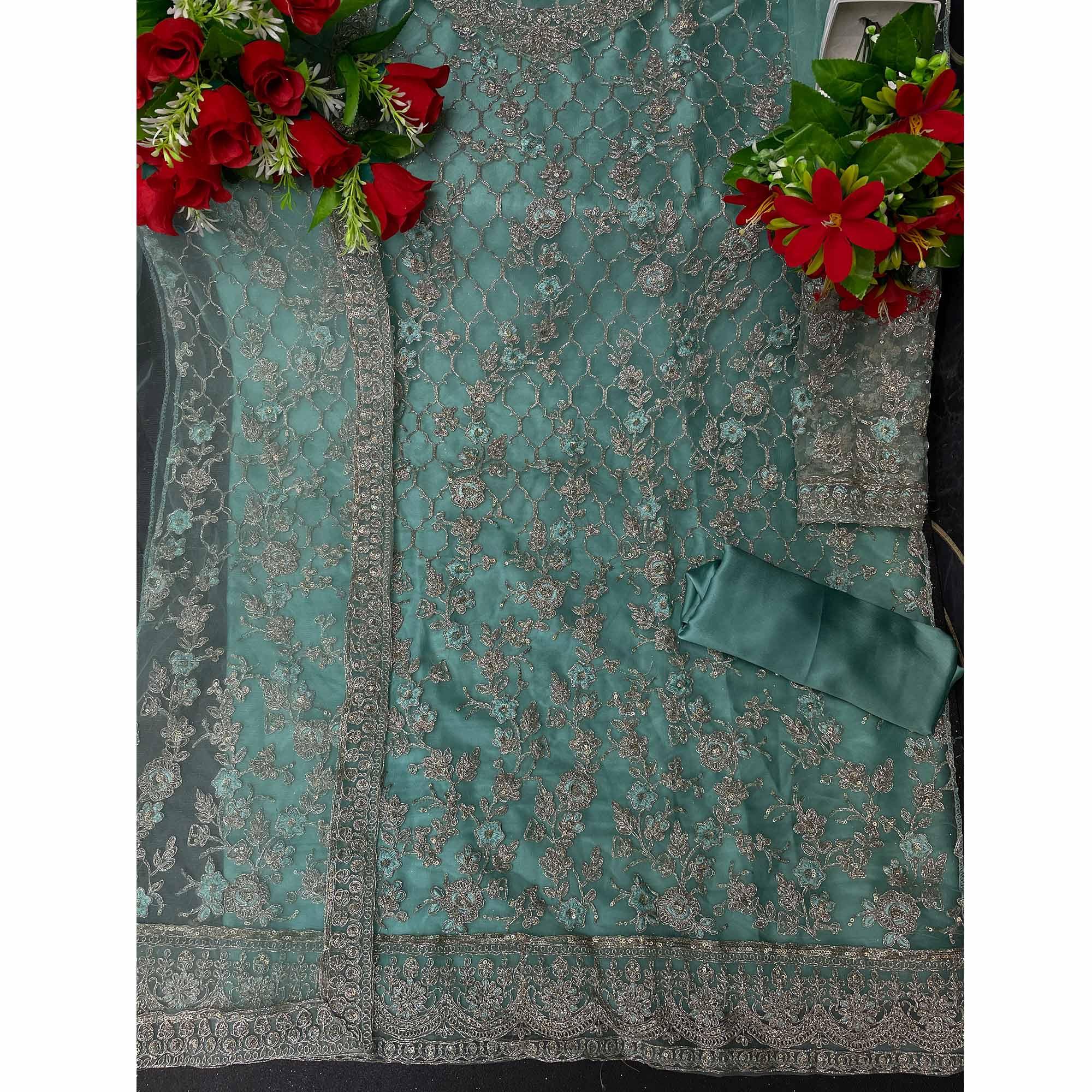 Turquoise Embroidered Netted Suit - Peachmode