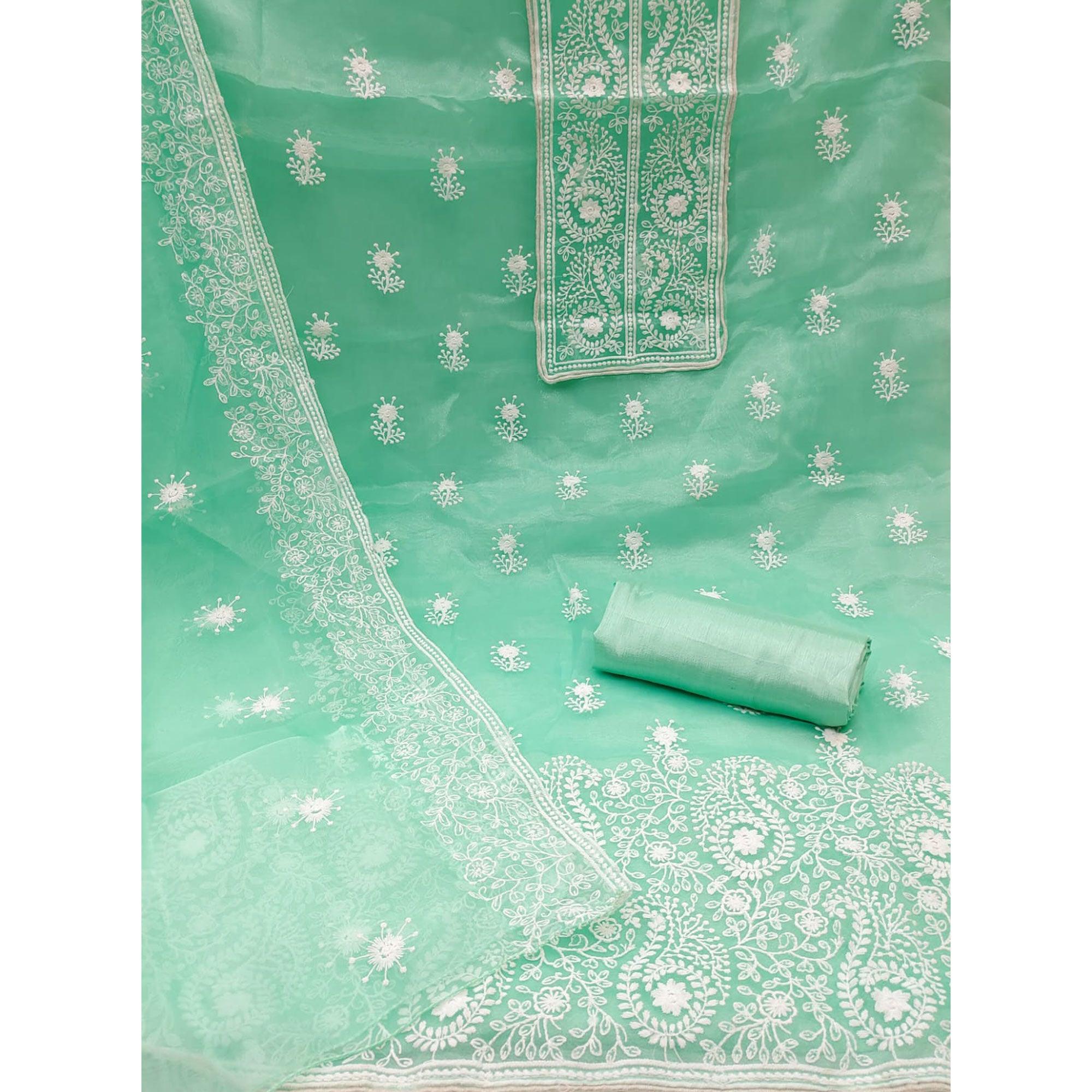 Turquoise Embroidered Organza Dress Material - Peachmode