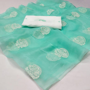 Turquoise Embroidered Organza Saree - Peachmode