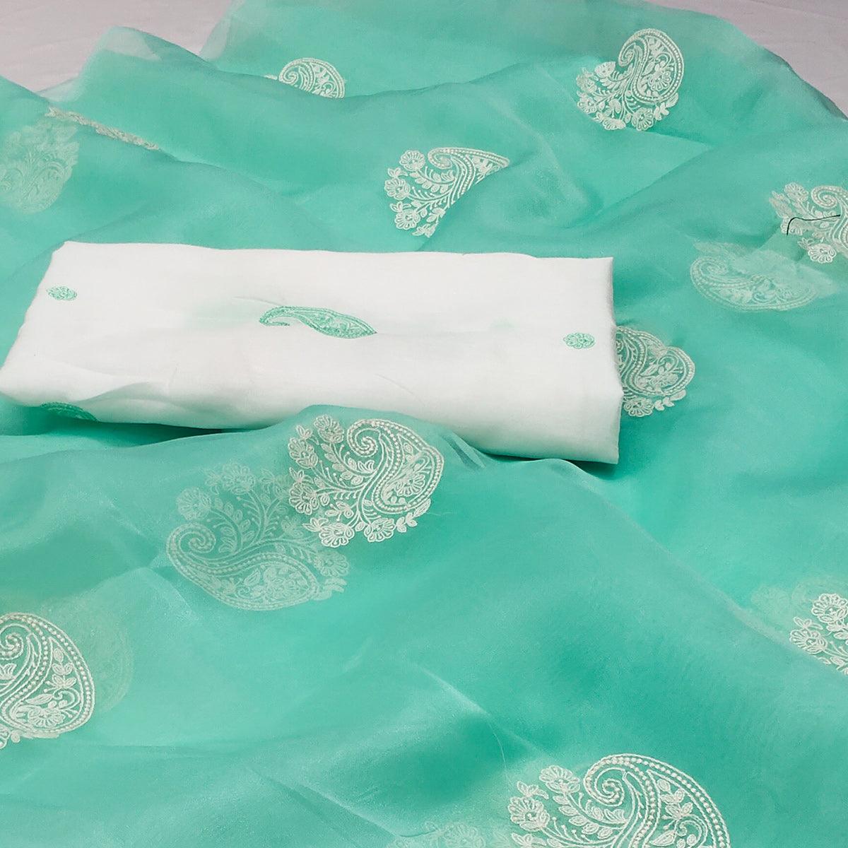 Turquoise Embroidered Organza Saree - Peachmode