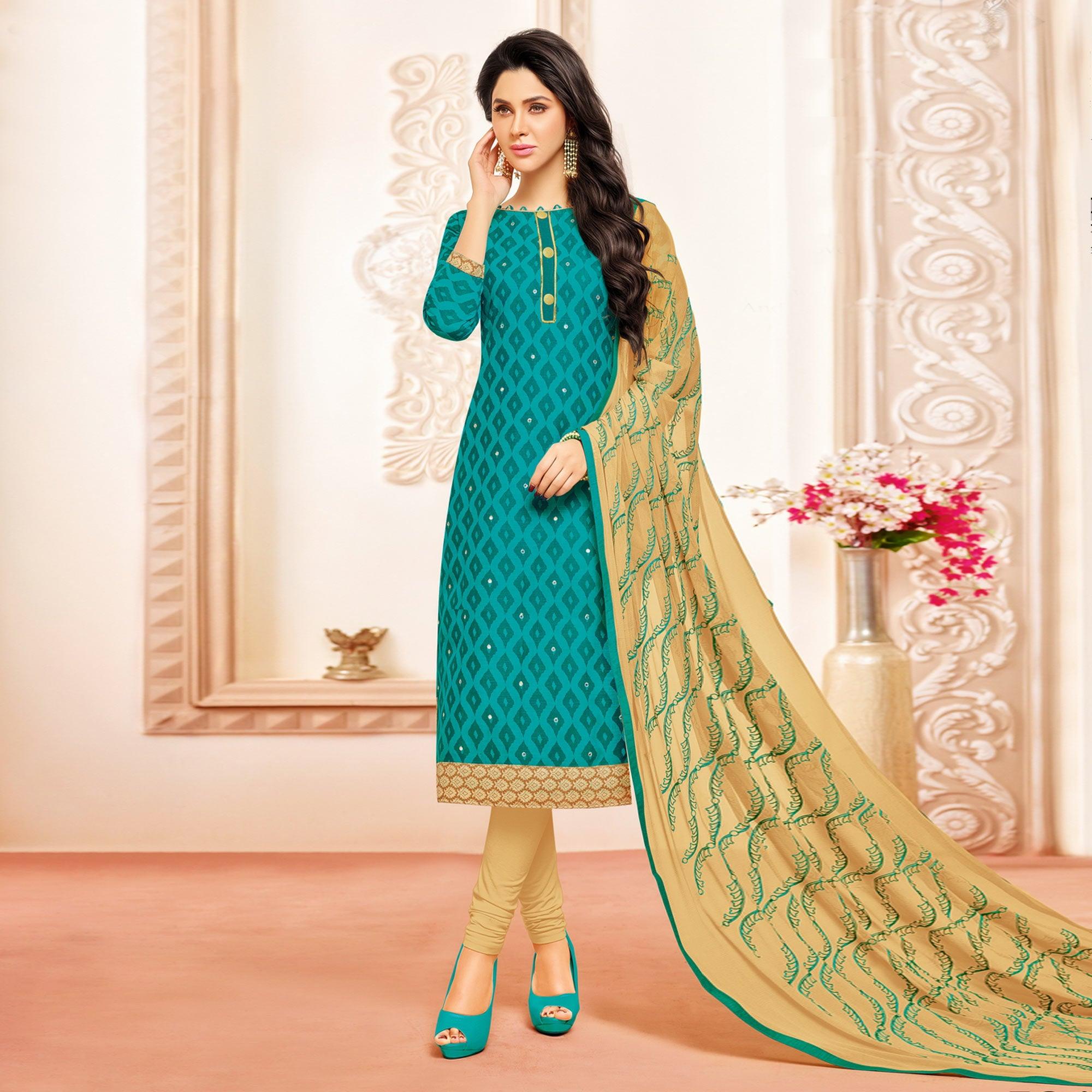 Turquoise Colored Designer Embroidered Cotton Dress Material