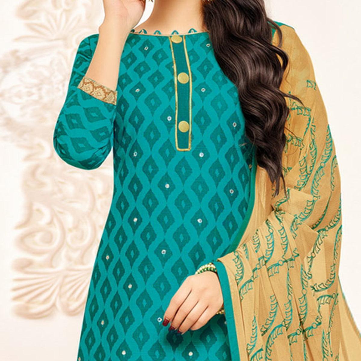 Turquoise Embroidered Poly Cotton Dress Material - Peachmode