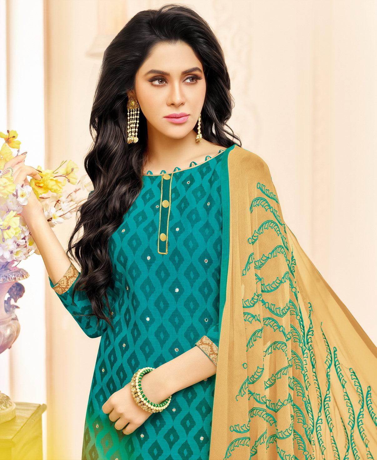 Turquoise Embroidered Poly Cotton Dress Material - Peachmode