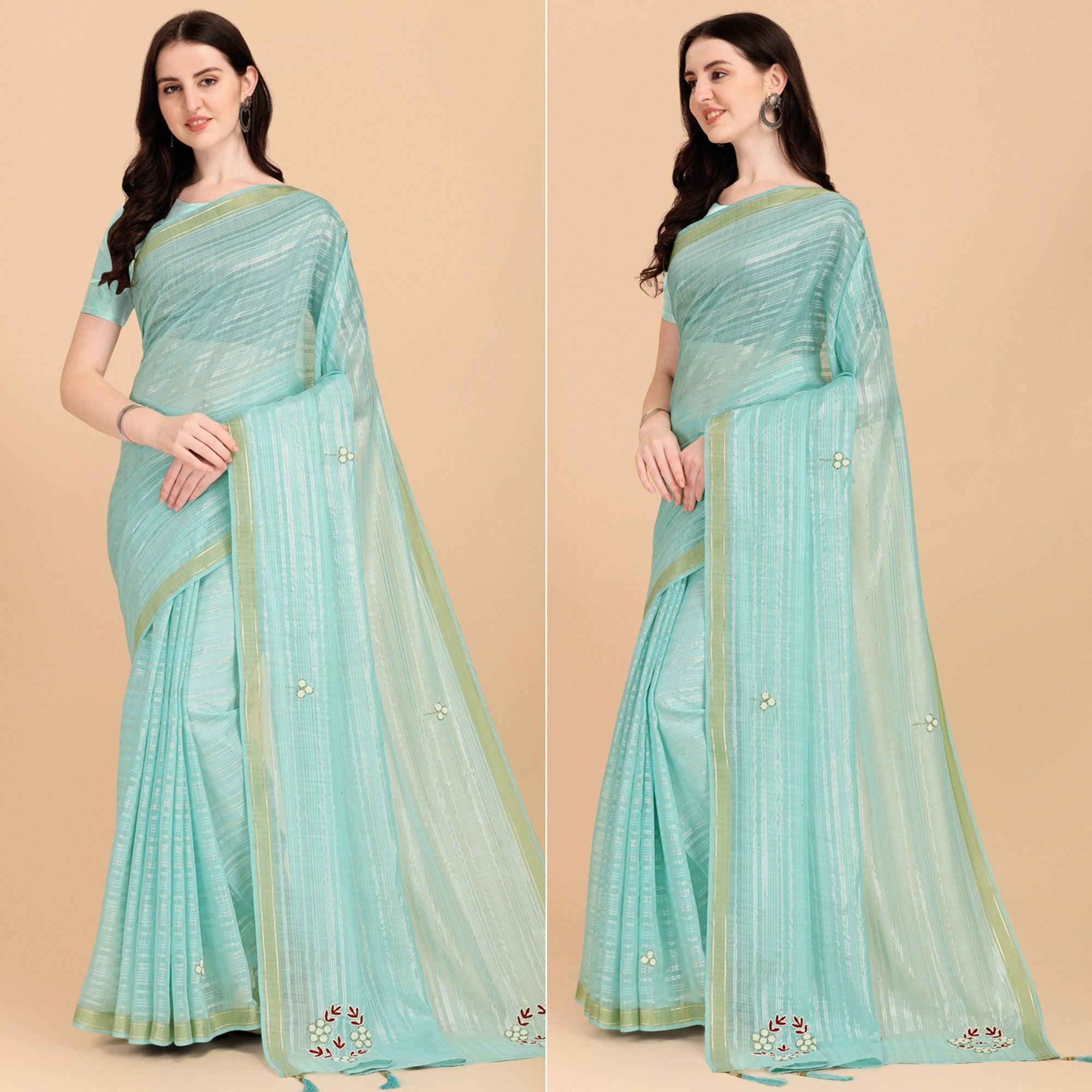Turquoise Embroidered Poly Cotton Saree - Peachmode