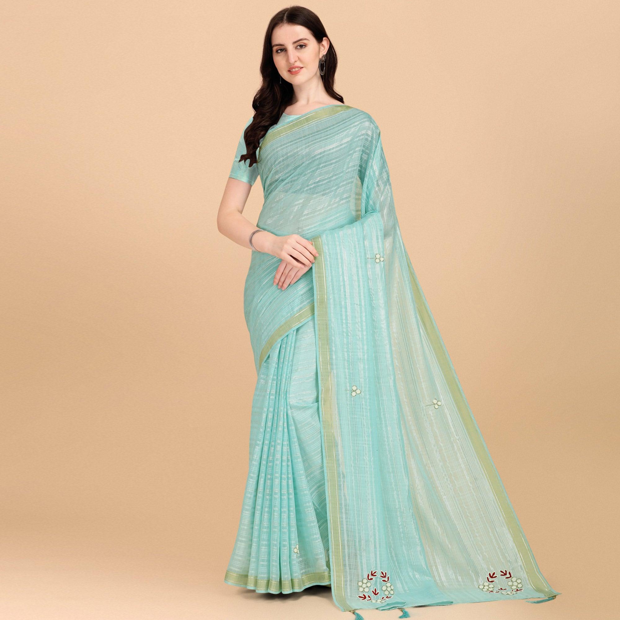 Turquoise Embroidered Poly Cotton Saree - Peachmode