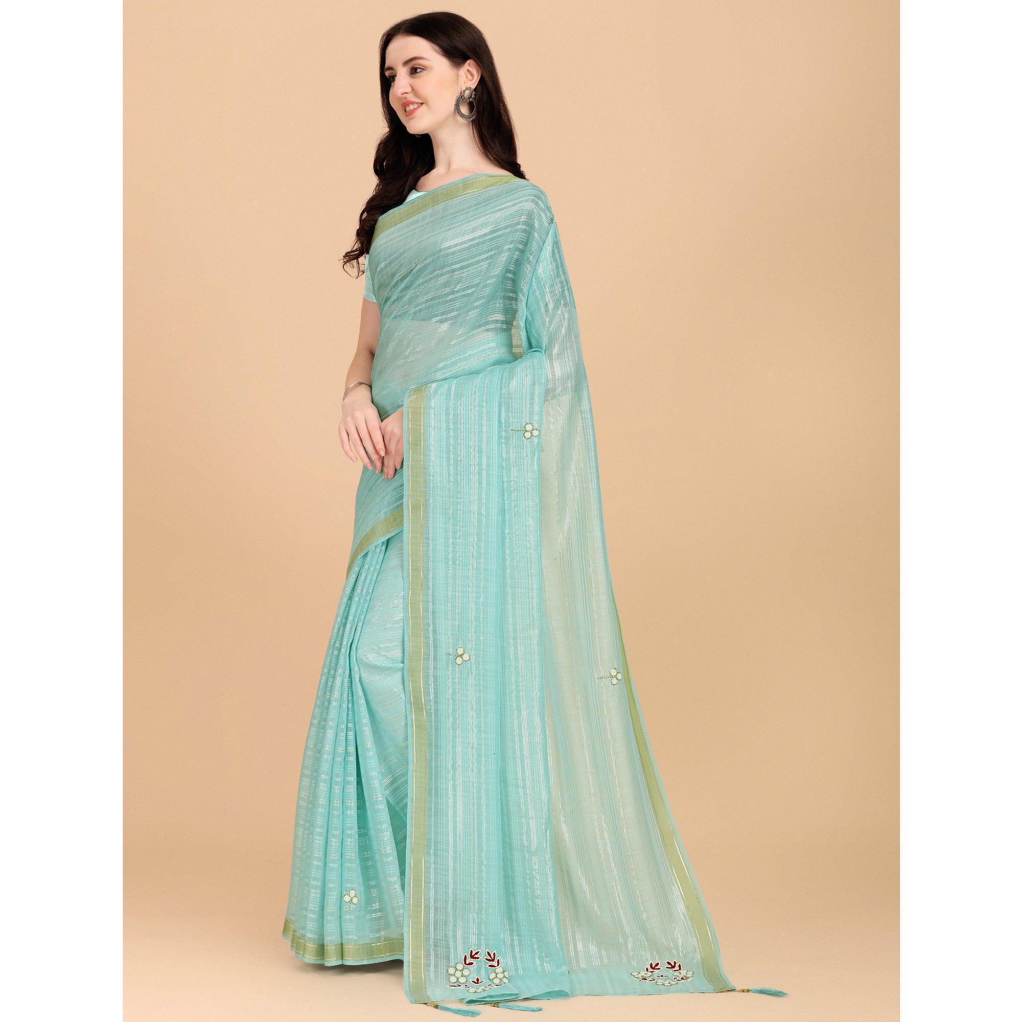 Turquoise Embroidered Poly Cotton Saree - Peachmode