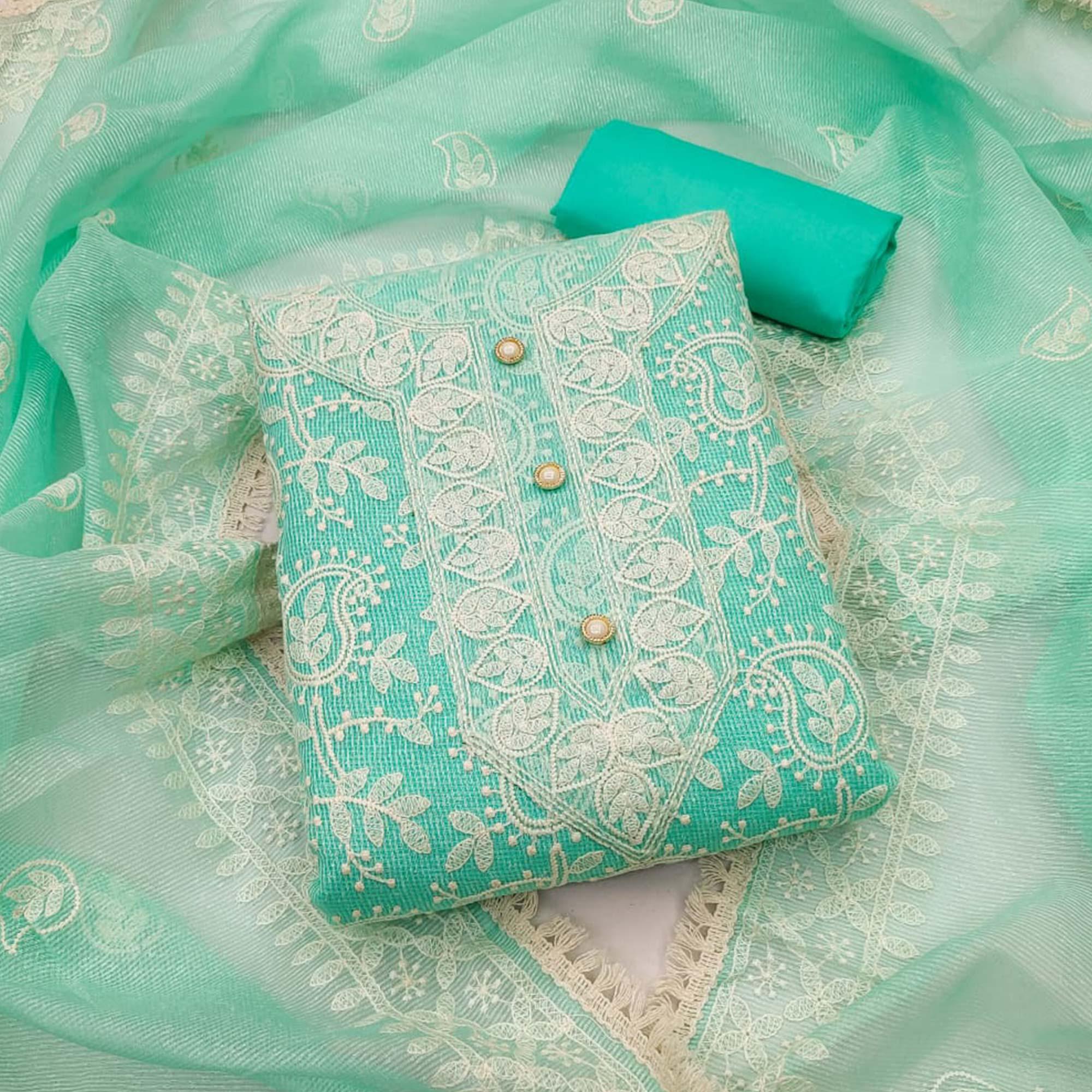 Turquoise Embroidered Pure Cotton Dress Material - Peachmode
