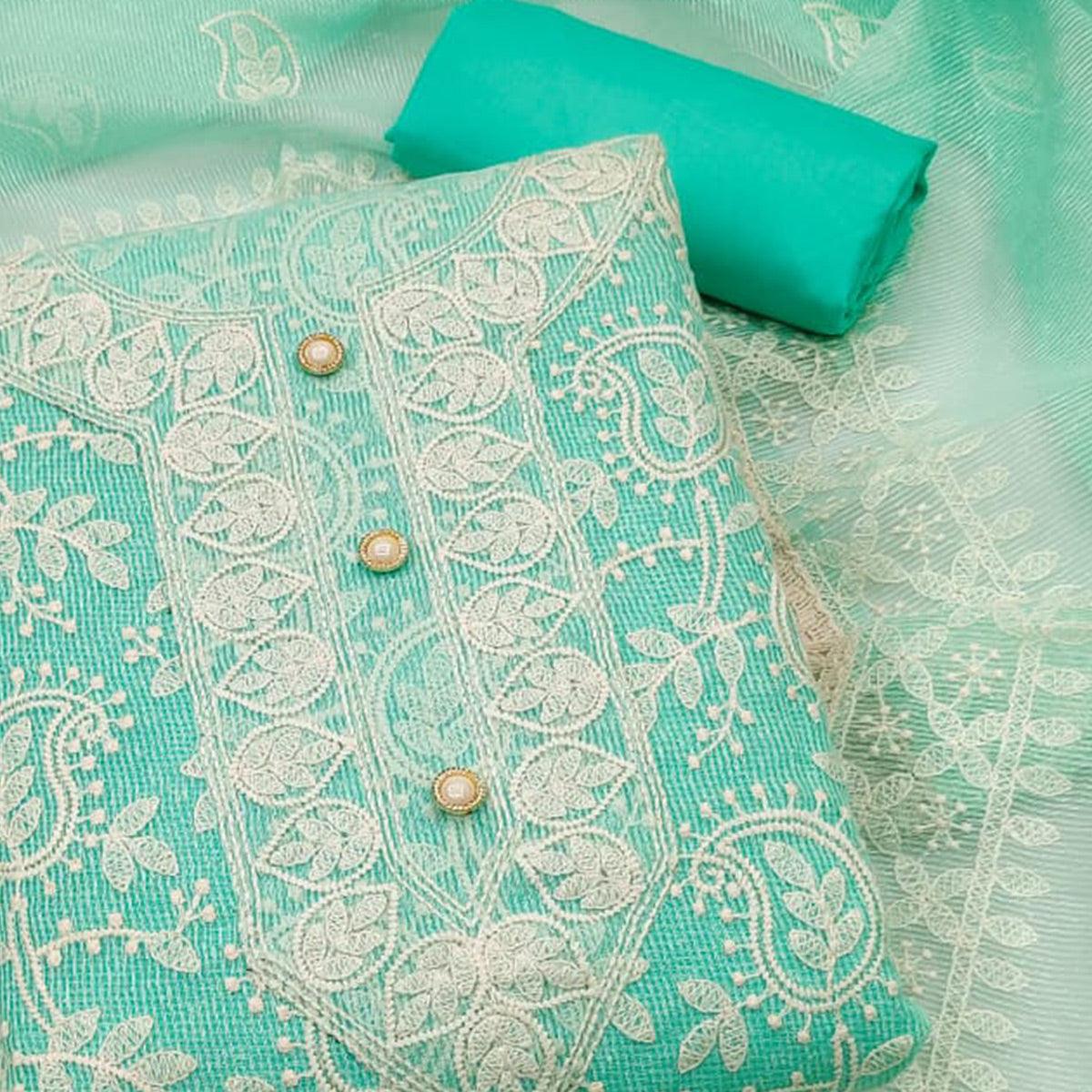 Turquoise Embroidered Pure Cotton Dress Material - Peachmode