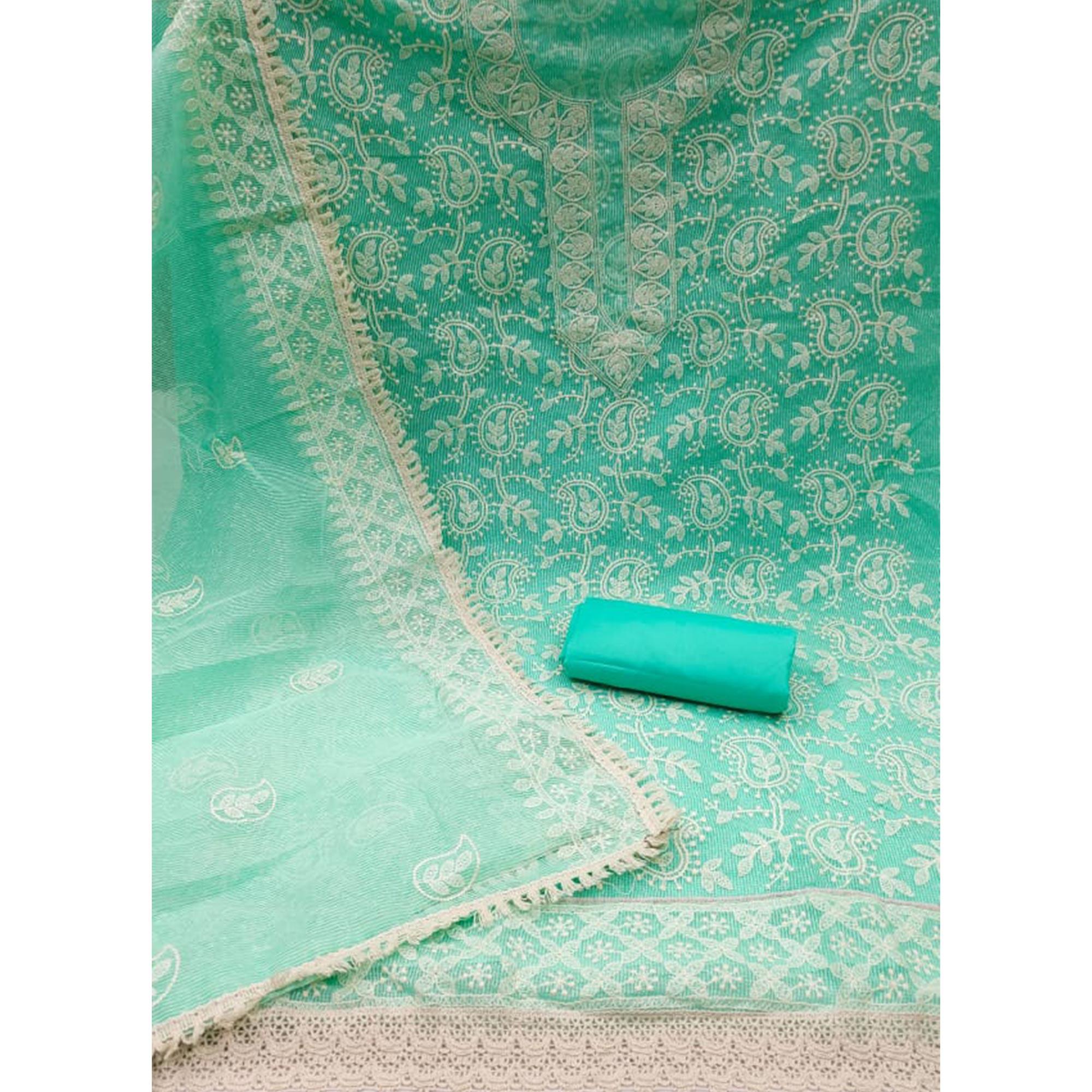Turquoise Embroidered Pure Cotton Dress Material - Peachmode