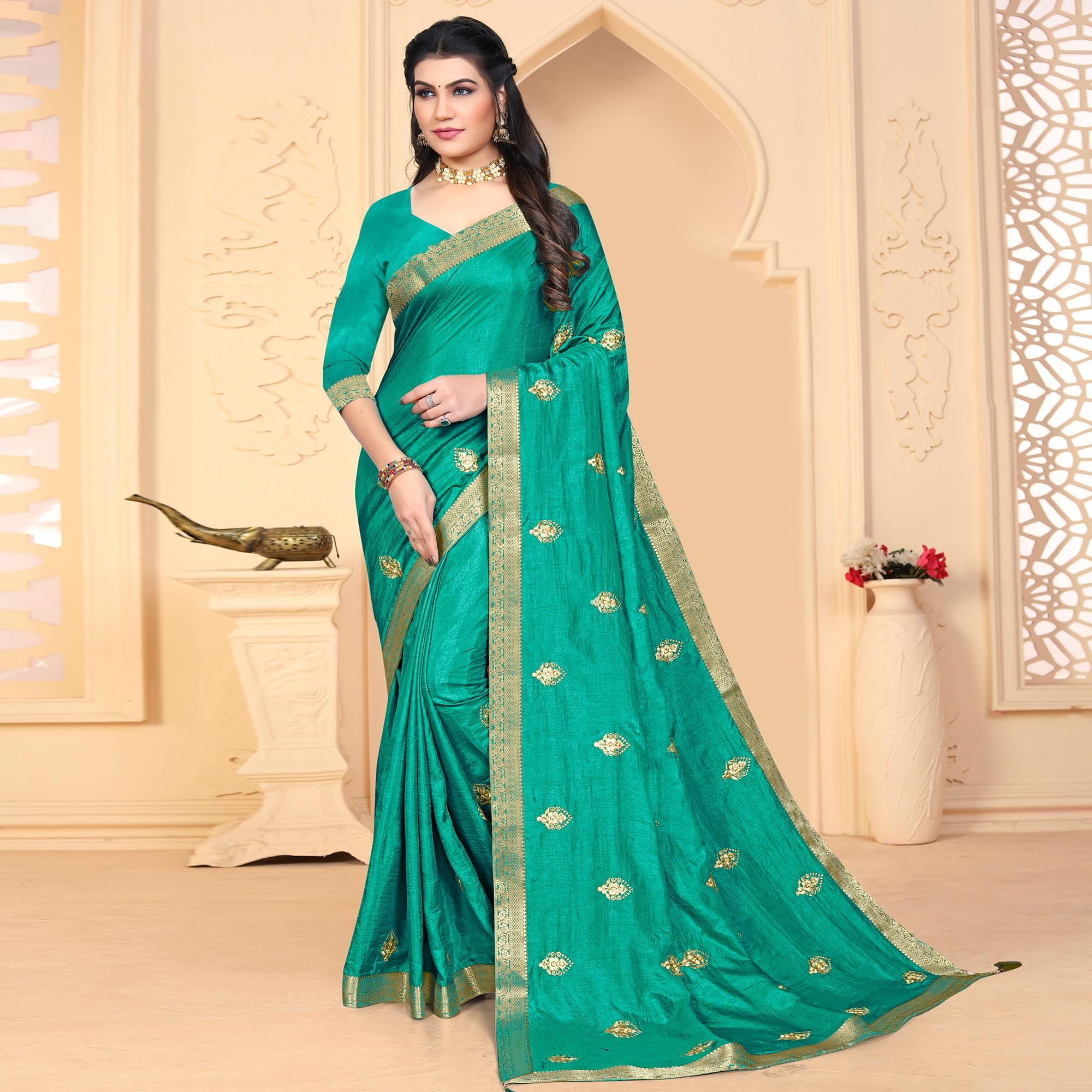 Turquoise Embroidered Vichitra Silk Saree - Peachmode