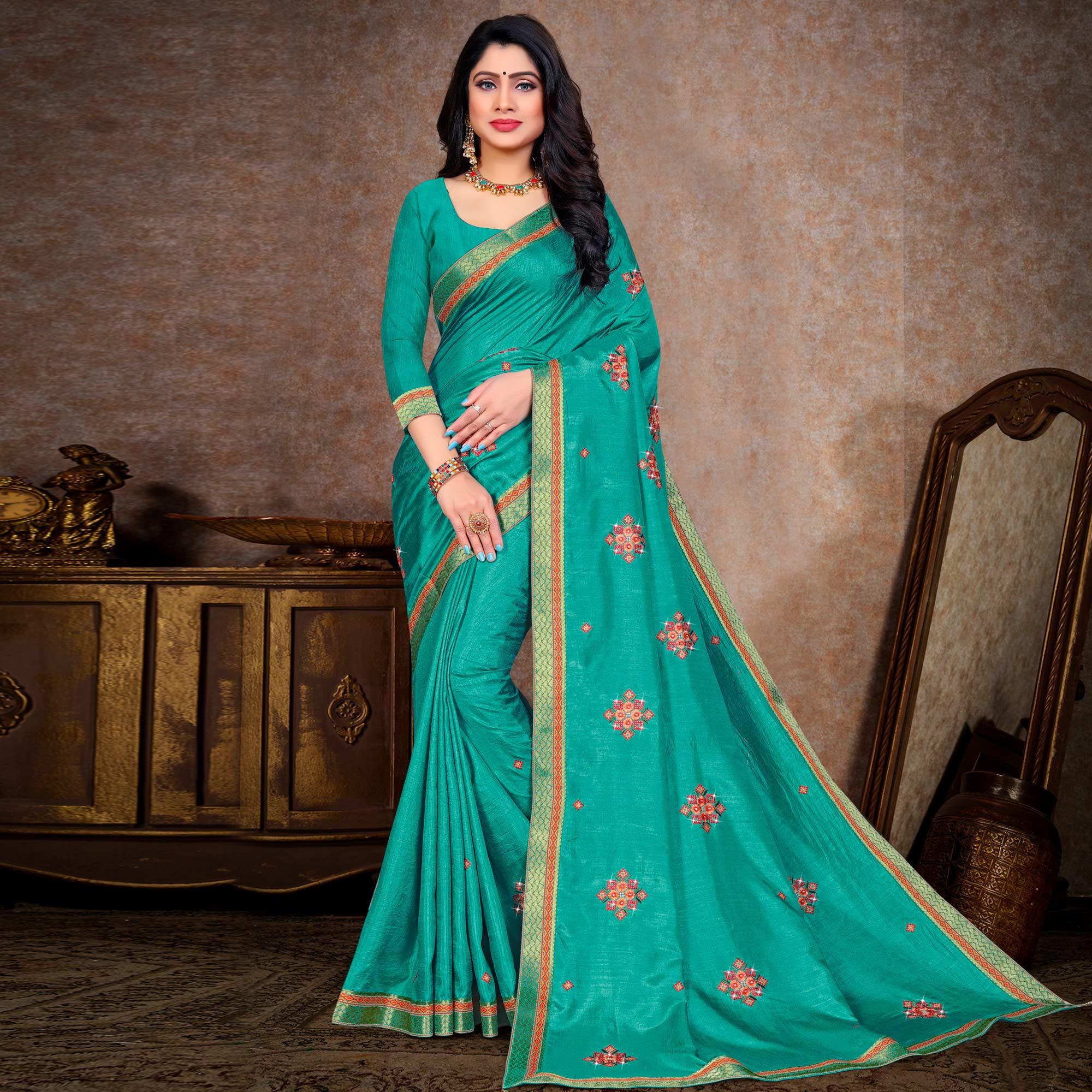 Turquoise Embroidered Vichitra Silk Saree - Peachmode