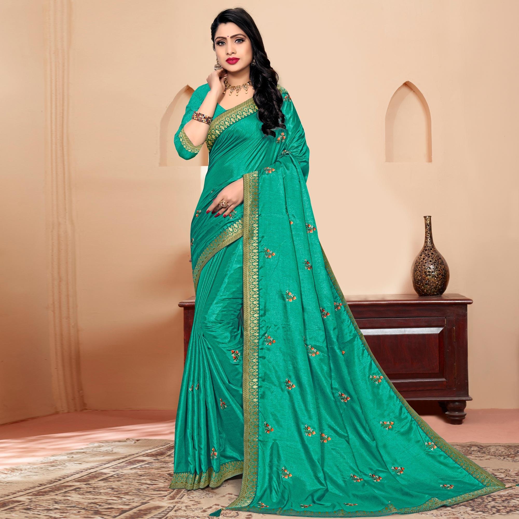 Turquoise Embroidered Vichitra Silk Saree - Peachmode