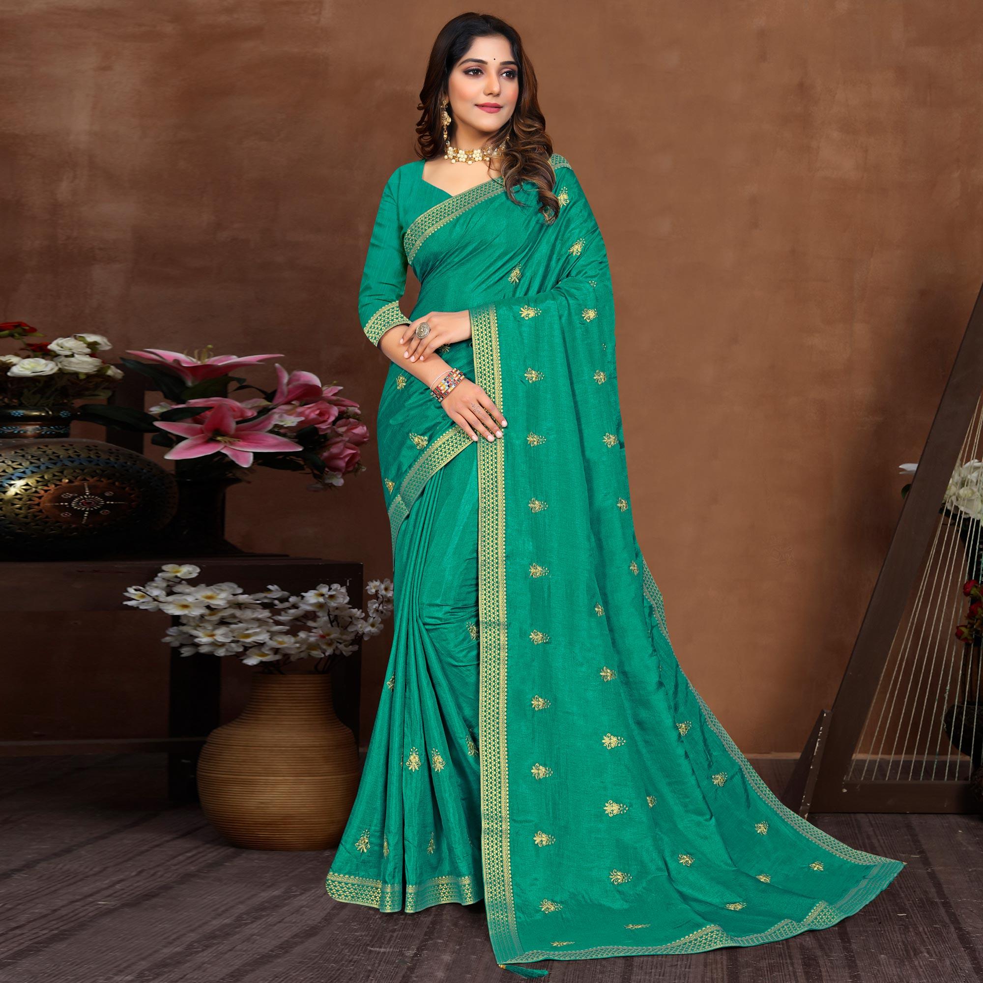 Turquoise Embroidered Vichitra Silk Saree - Peachmode