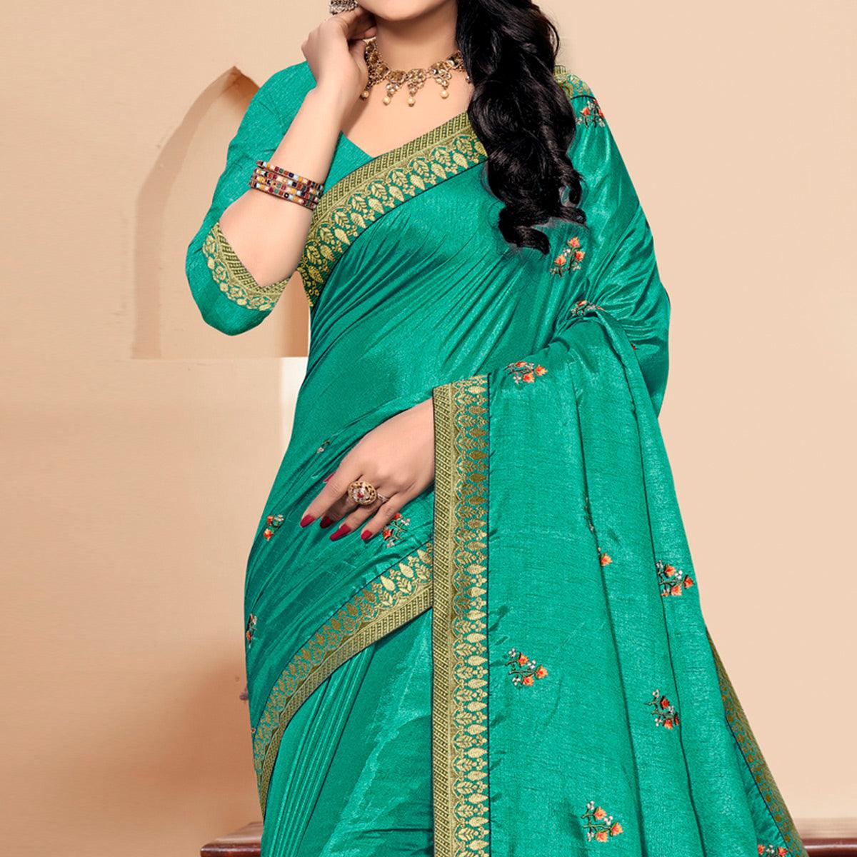 Turquoise Embroidered Vichitra Silk Saree - Peachmode