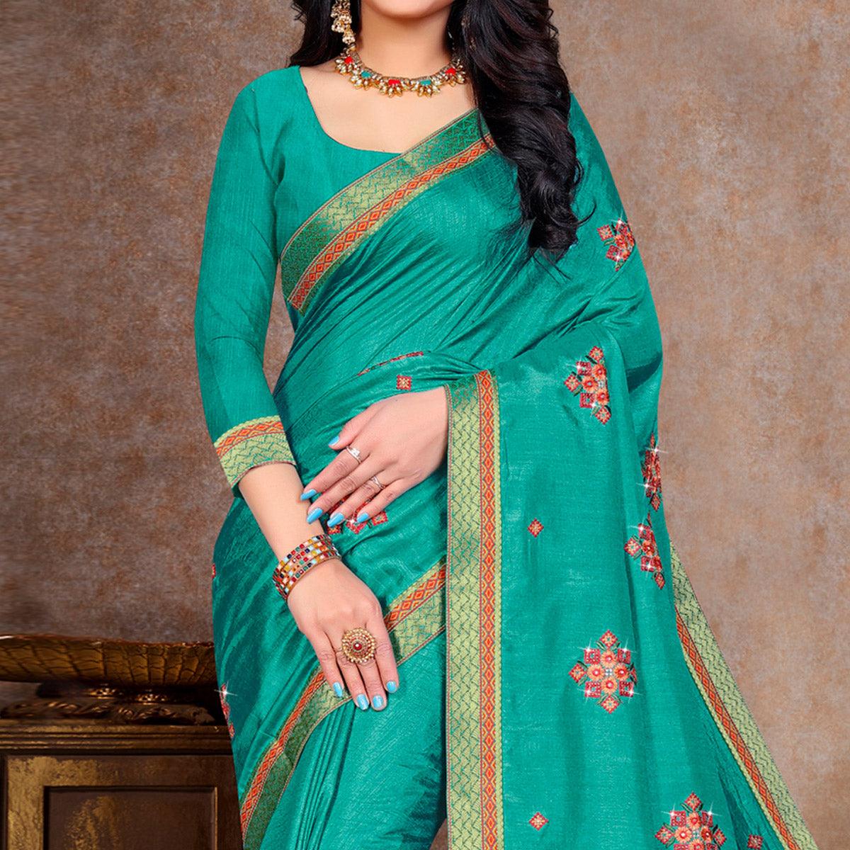 Turquoise Embroidered Vichitra Silk Saree - Peachmode
