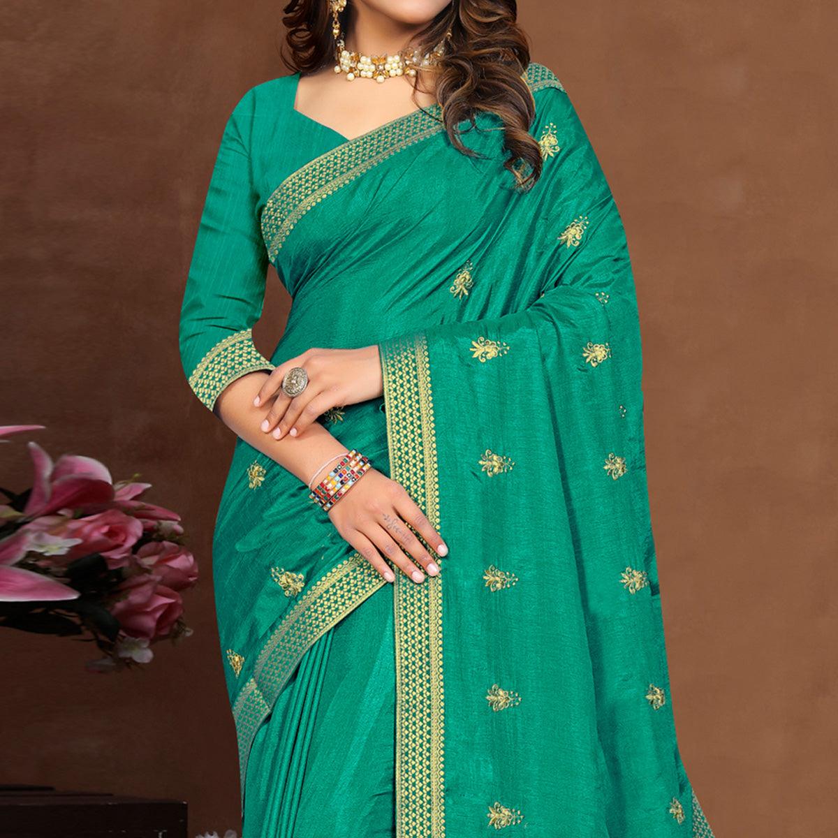 Turquoise Embroidered Vichitra Silk Saree - Peachmode
